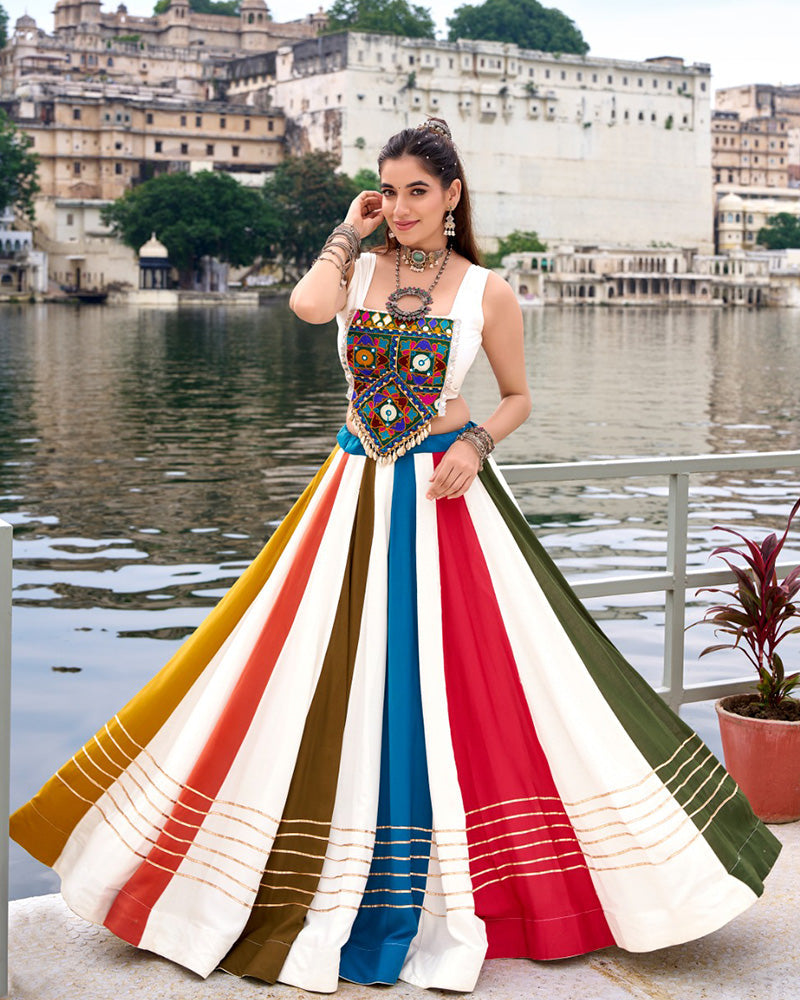 White Pure Rayon Gota Patti Mirror Gamthi Work Multicolor Lehenga Choli