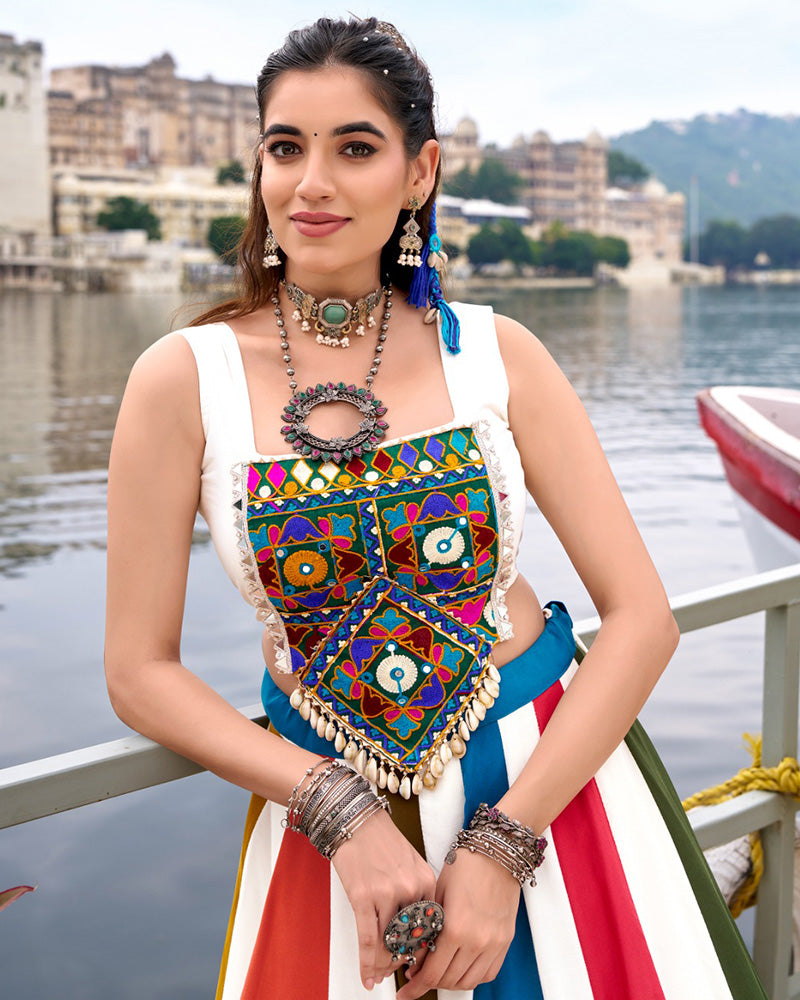 White pure rayon Gota Patti mirror Gamthi work multicolor lehenga choli