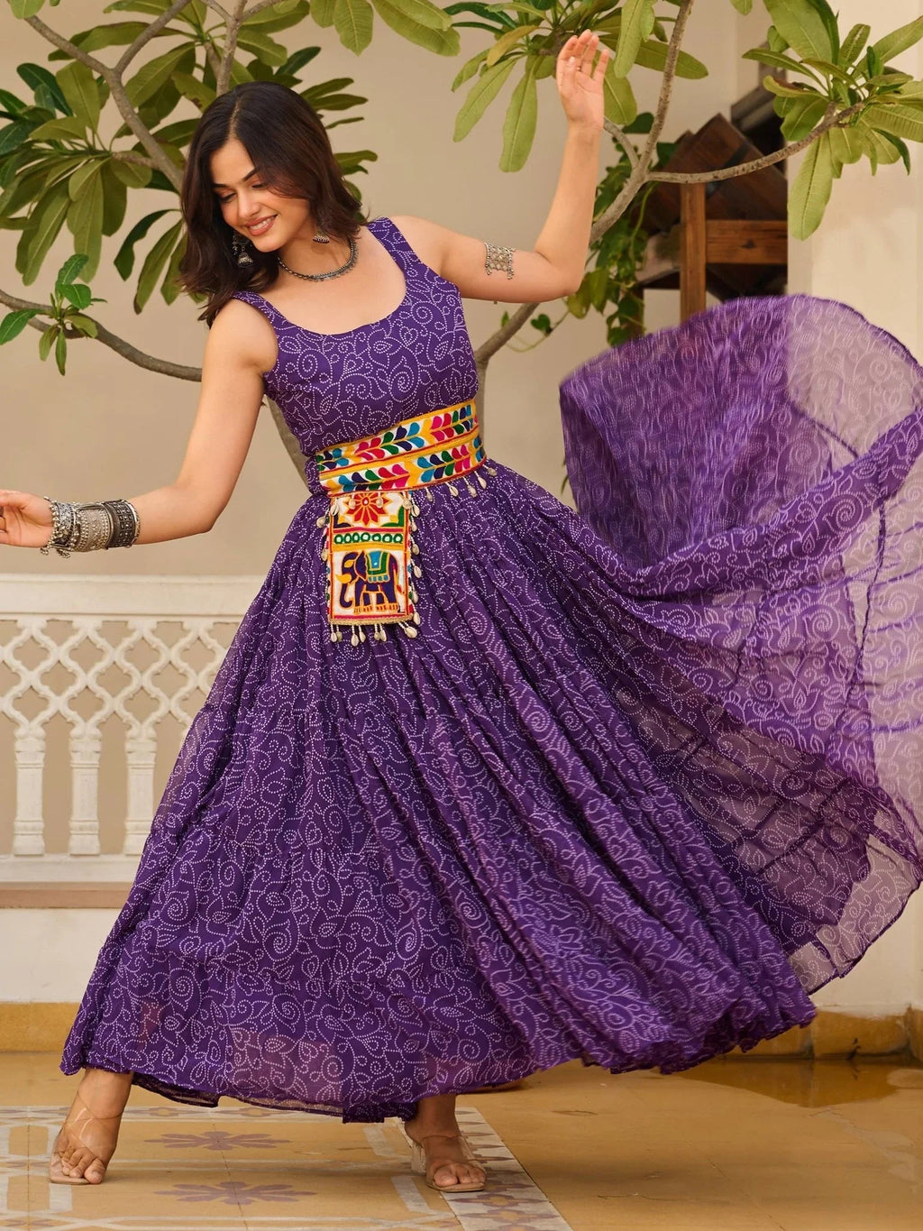 Purple Georgette Bandhani Print Mirror Gamthi Work Traditional Gown
