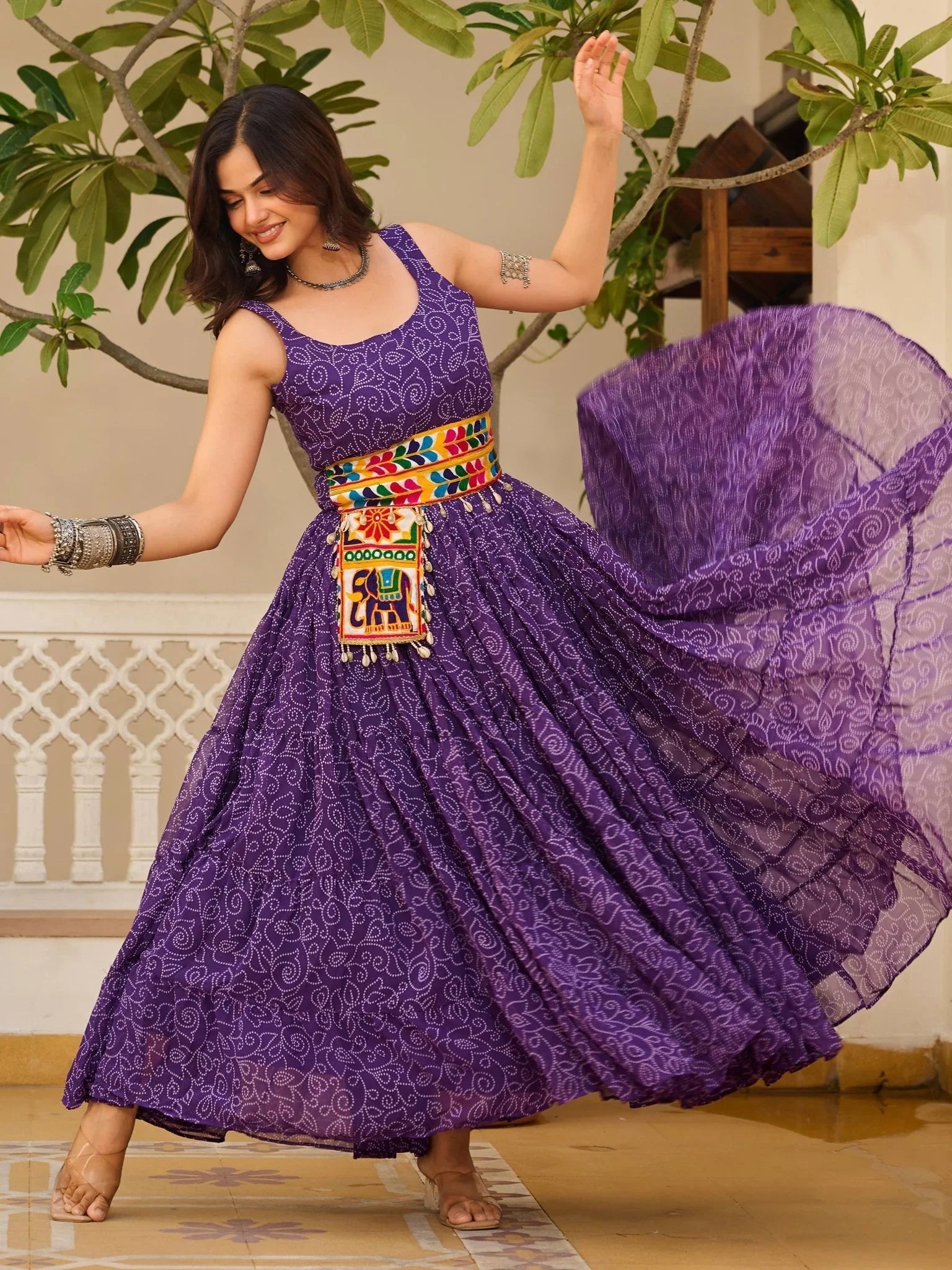 Purple Georgette Bandhani Print Mirror Gamthi Work Traditional Gown