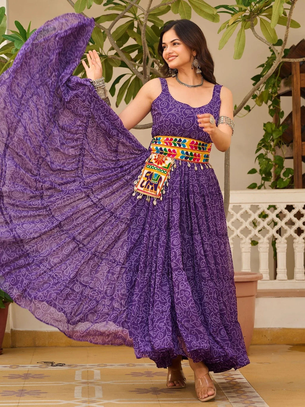 Purple Georgette Bandhani Print Mirror Gamthi Work Traditional Gown
