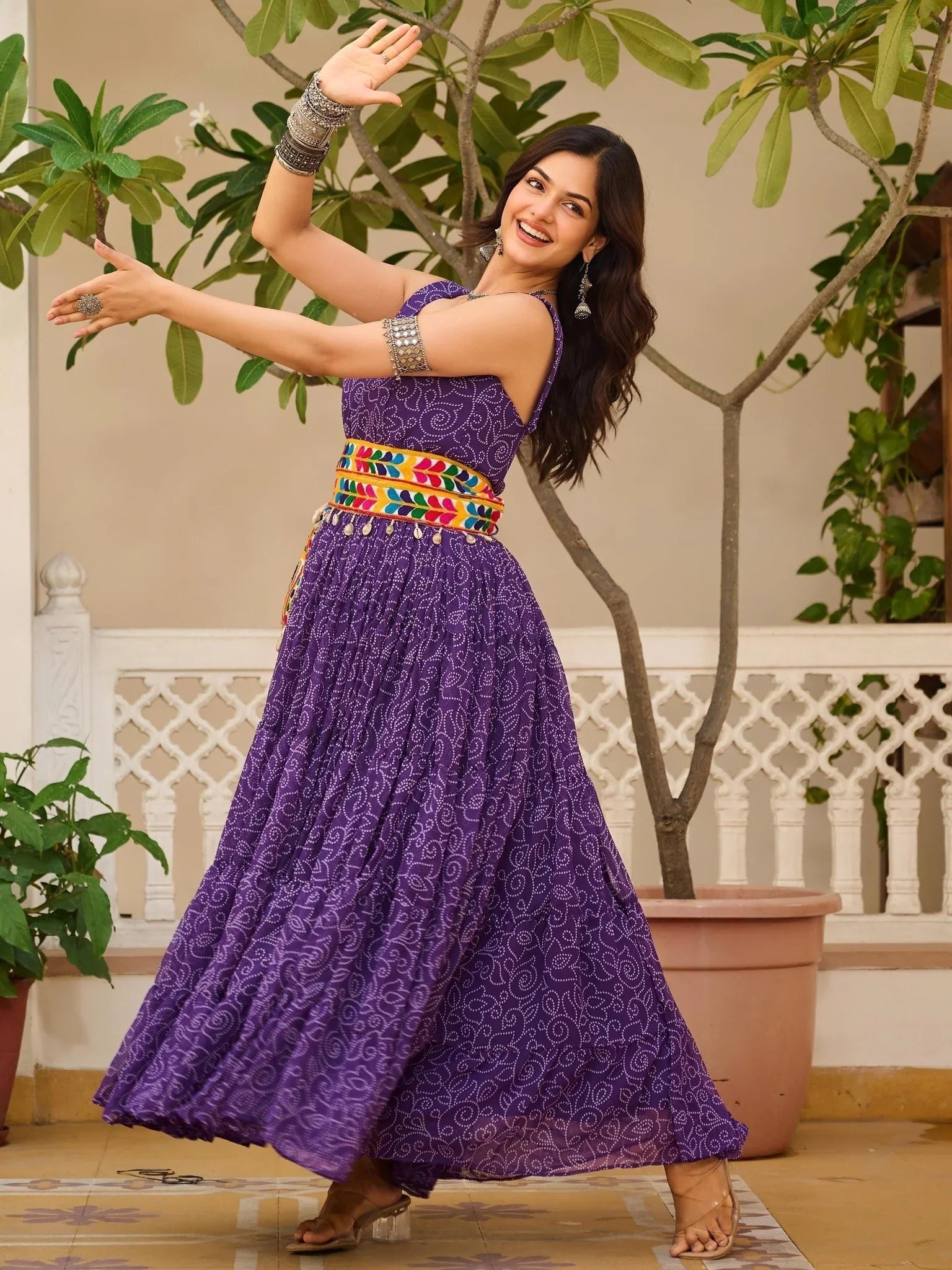 Purple Georgette Bandhani Print Mirror Gamthi Work Traditional Gown