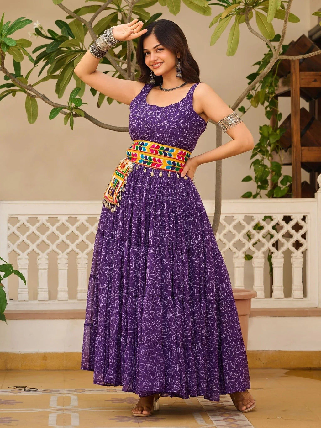 Purple Georgette Bandhani Print Mirror Gamthi Work Traditional Gown