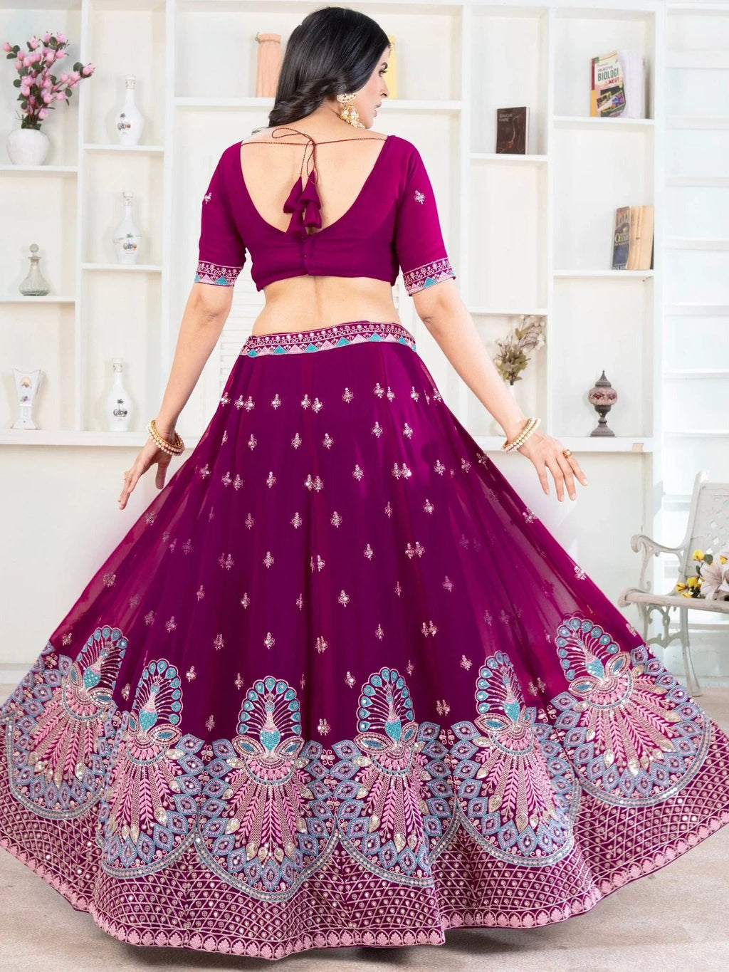 Purple georgette sequins embroidered lehenga choli with dupatta