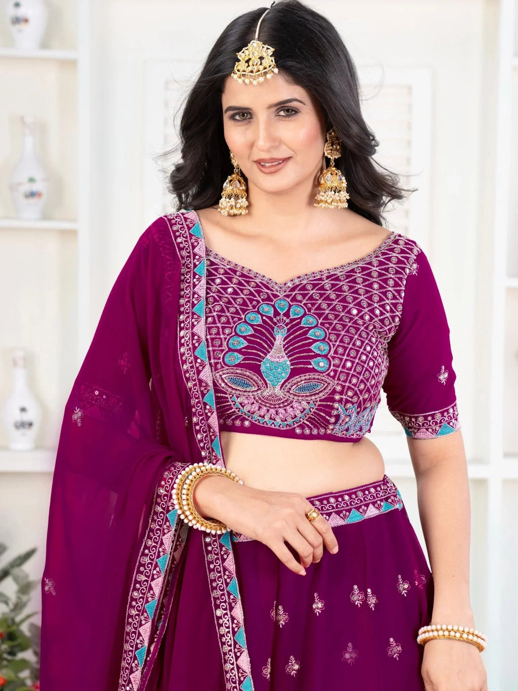 Purple georgette sequins embroidered lehenga choli with dupatta
