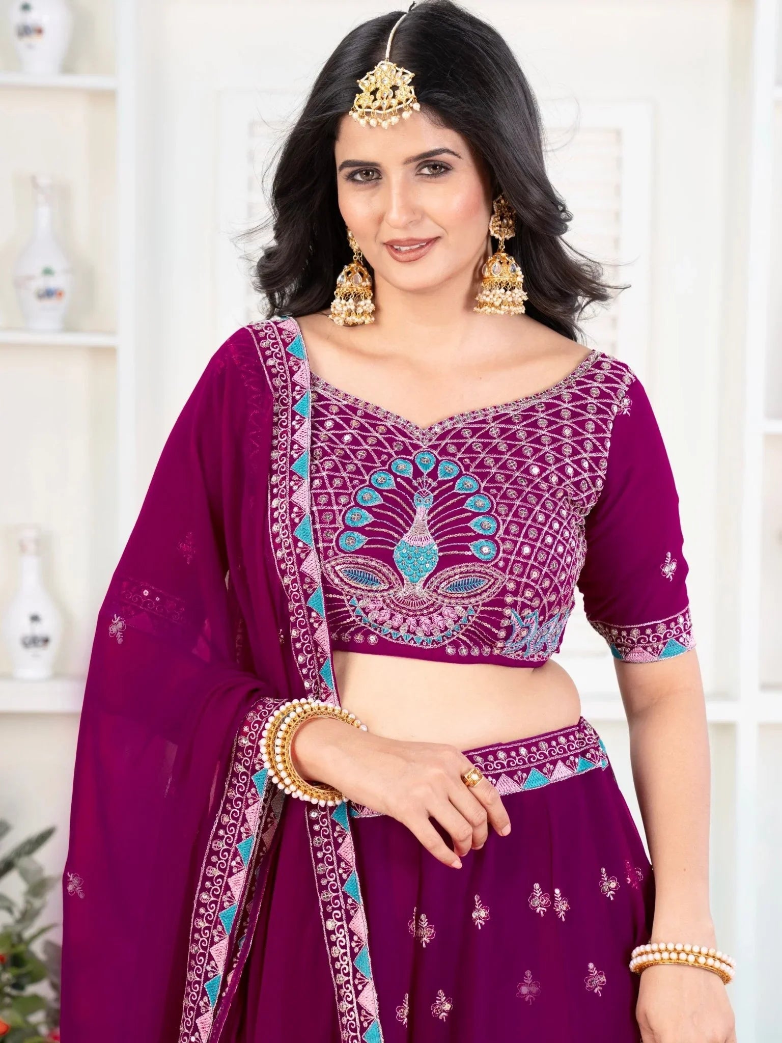 Purple georgette sequins embroidered lehenga choli with dupatta
