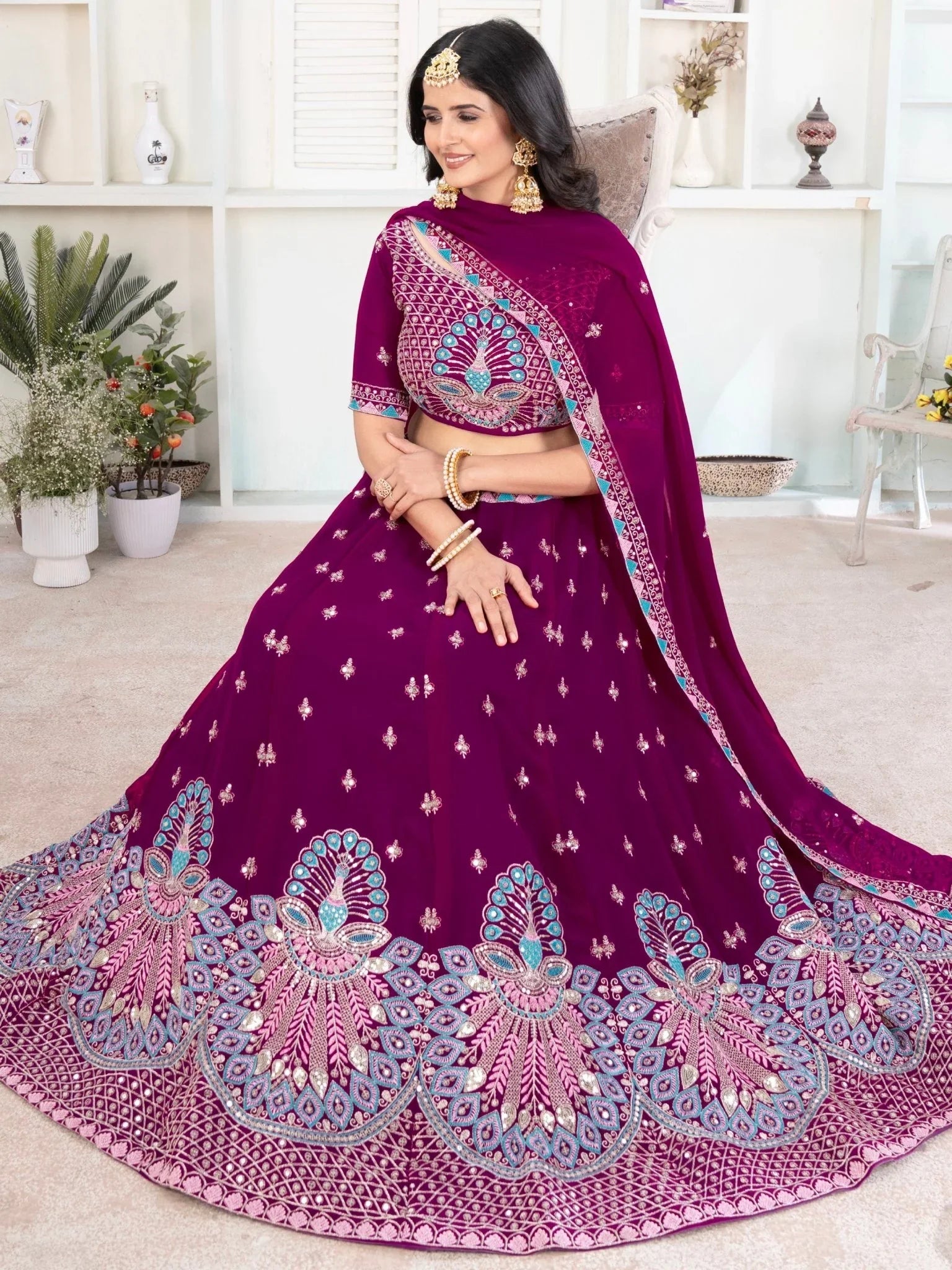 Purple georgette sequins embroidered lehenga choli with dupatta