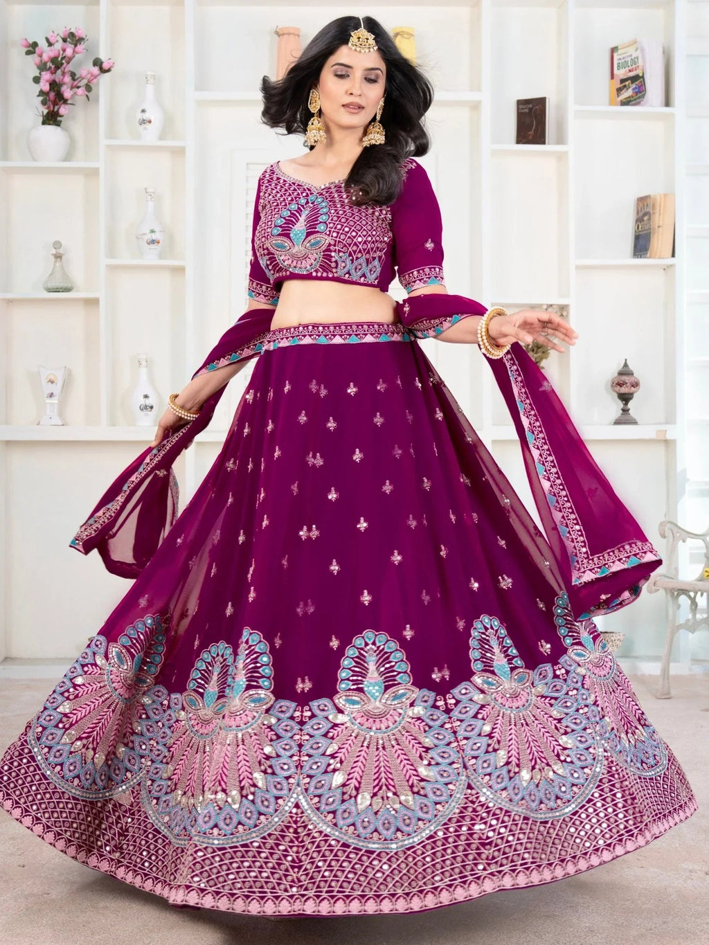 Purple georgette sequins embroidered lehenga choli with dupatta