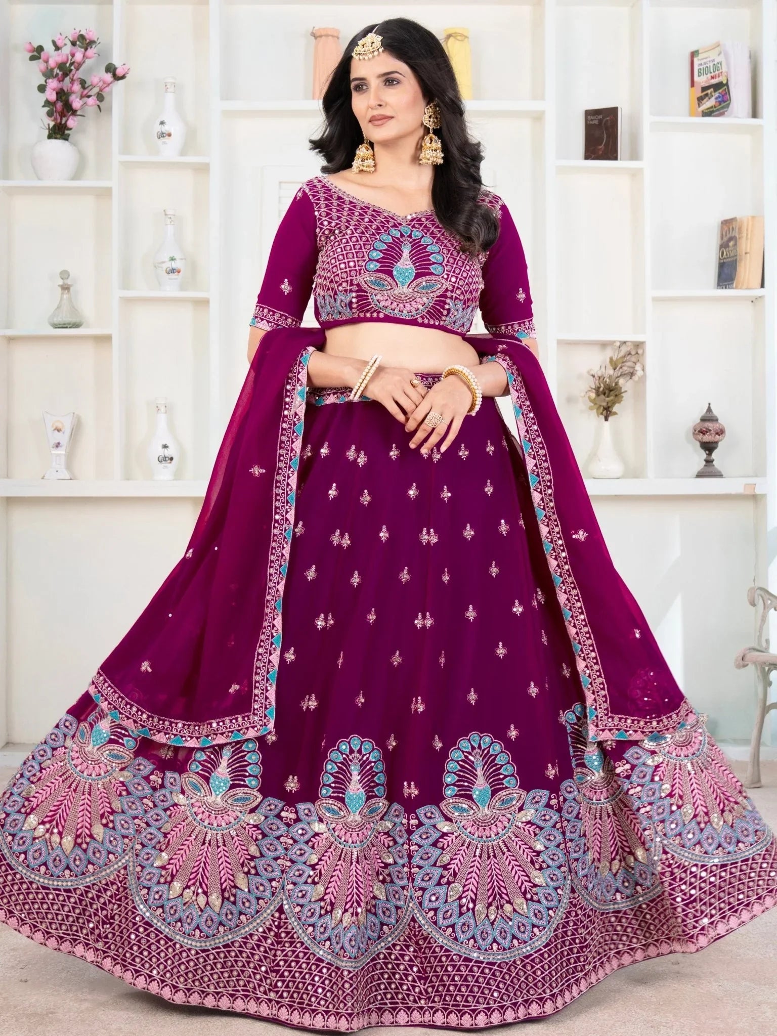 Purple georgette sequins embroidered lehenga choli with dupatta