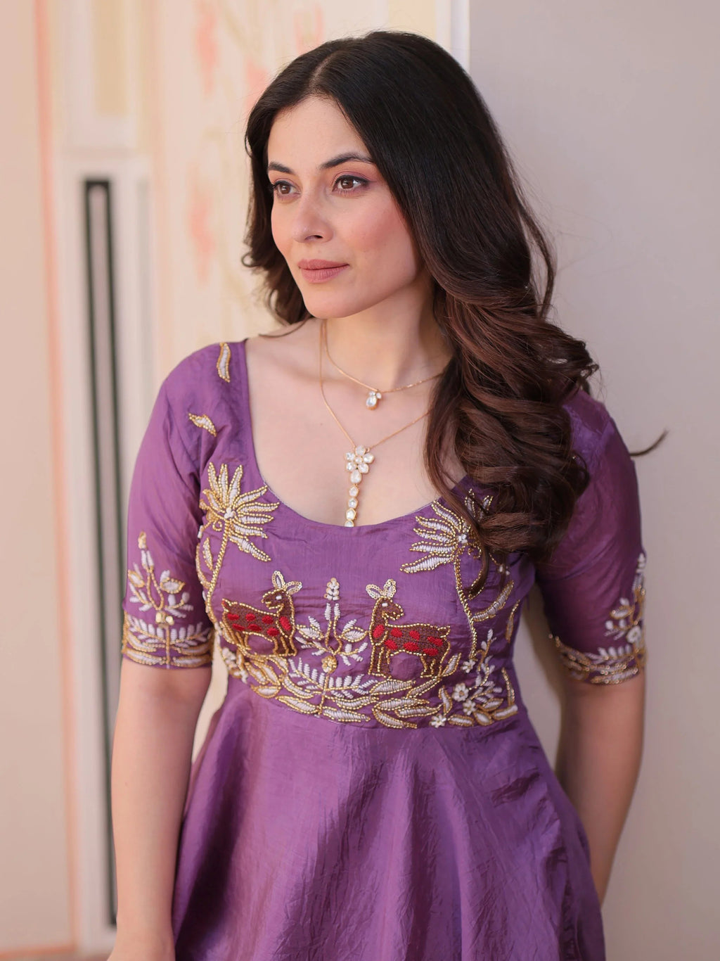 Purple Gold Crush Beads Embroidered Umbrella Flair Gown