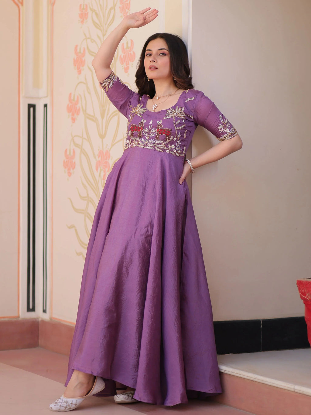 Purple Gold Crush Beads Embroidered Umbrella Flair Gown