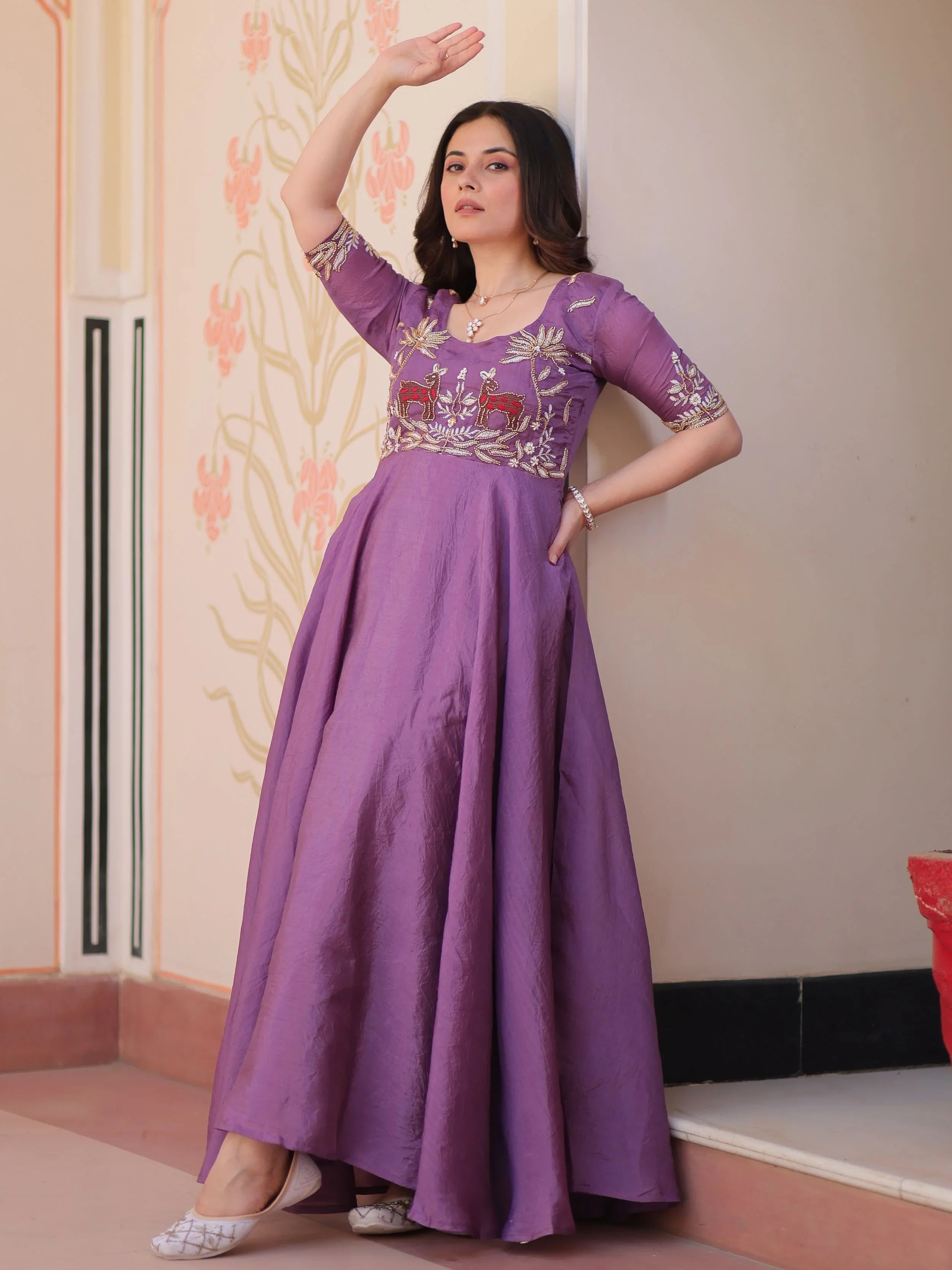 Purple Gold Crush Beads Embroidered Umbrella Flair Gown