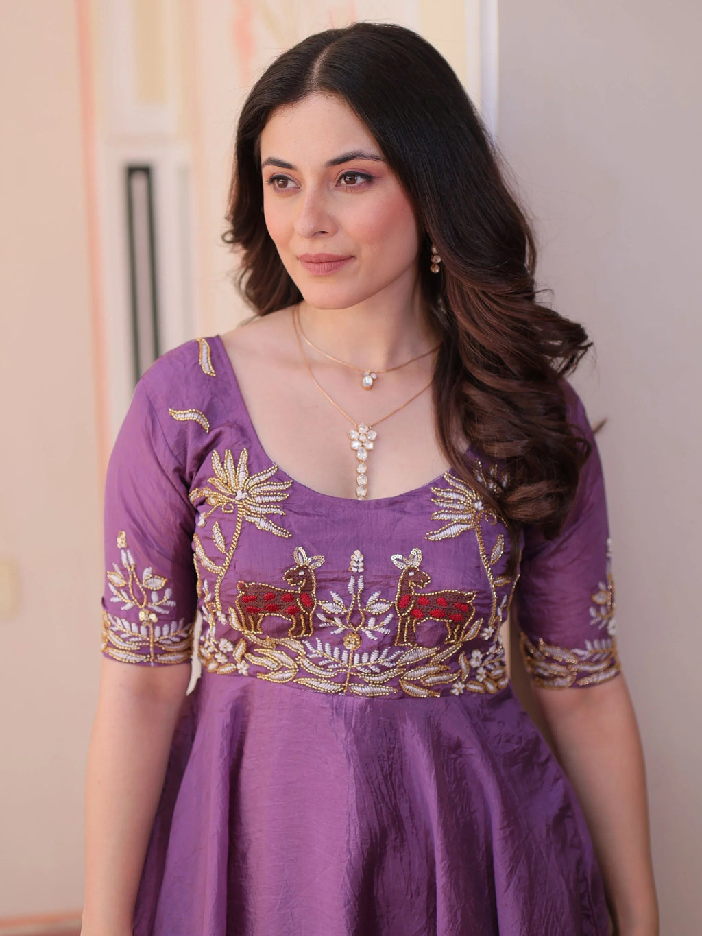 Purple Gold Crush Beads Embroidered Umbrella Flair Gown