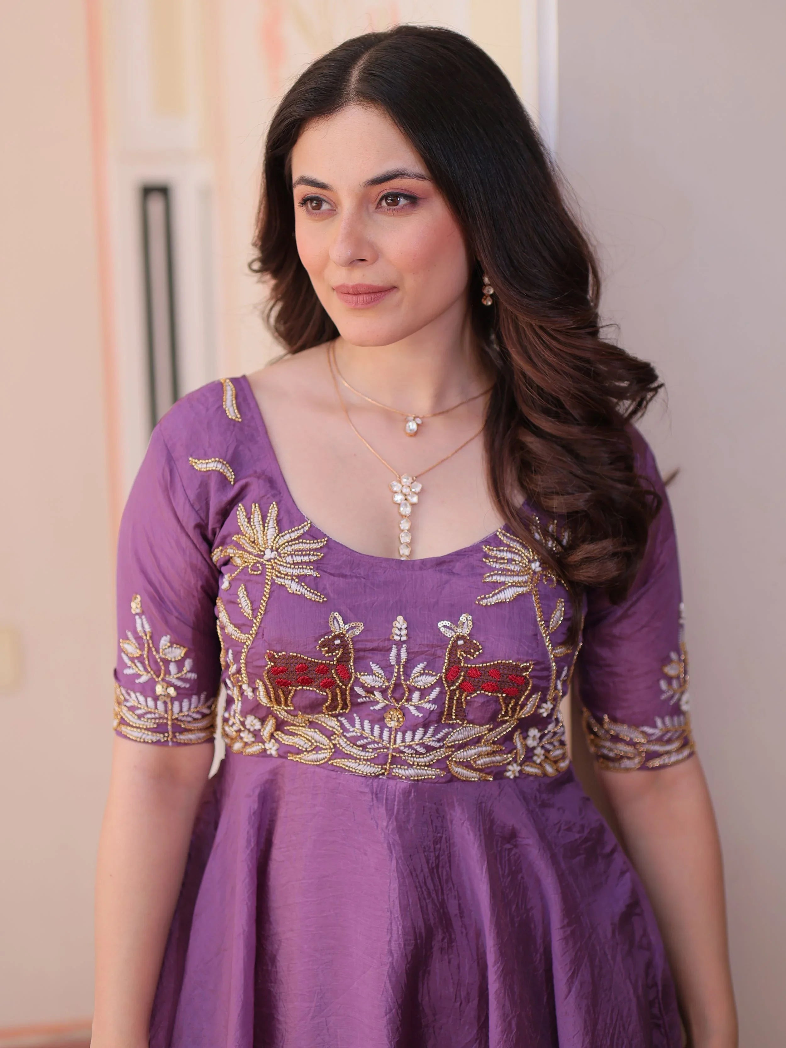 Purple Gold Crush Beads Embroidered Umbrella Flair Gown