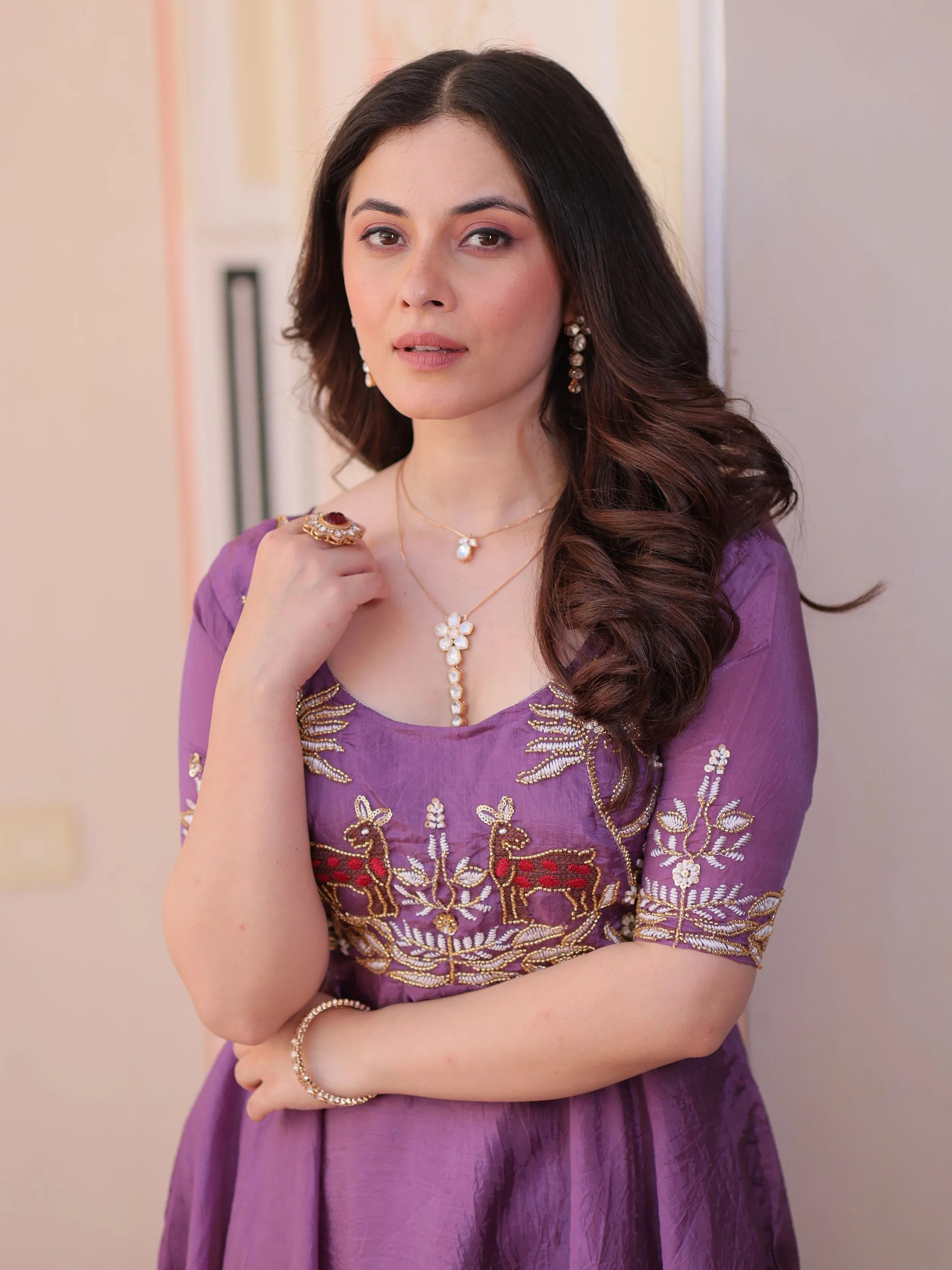 Purple Gold Crush Beads Embroidered Umbrella Flair Gown