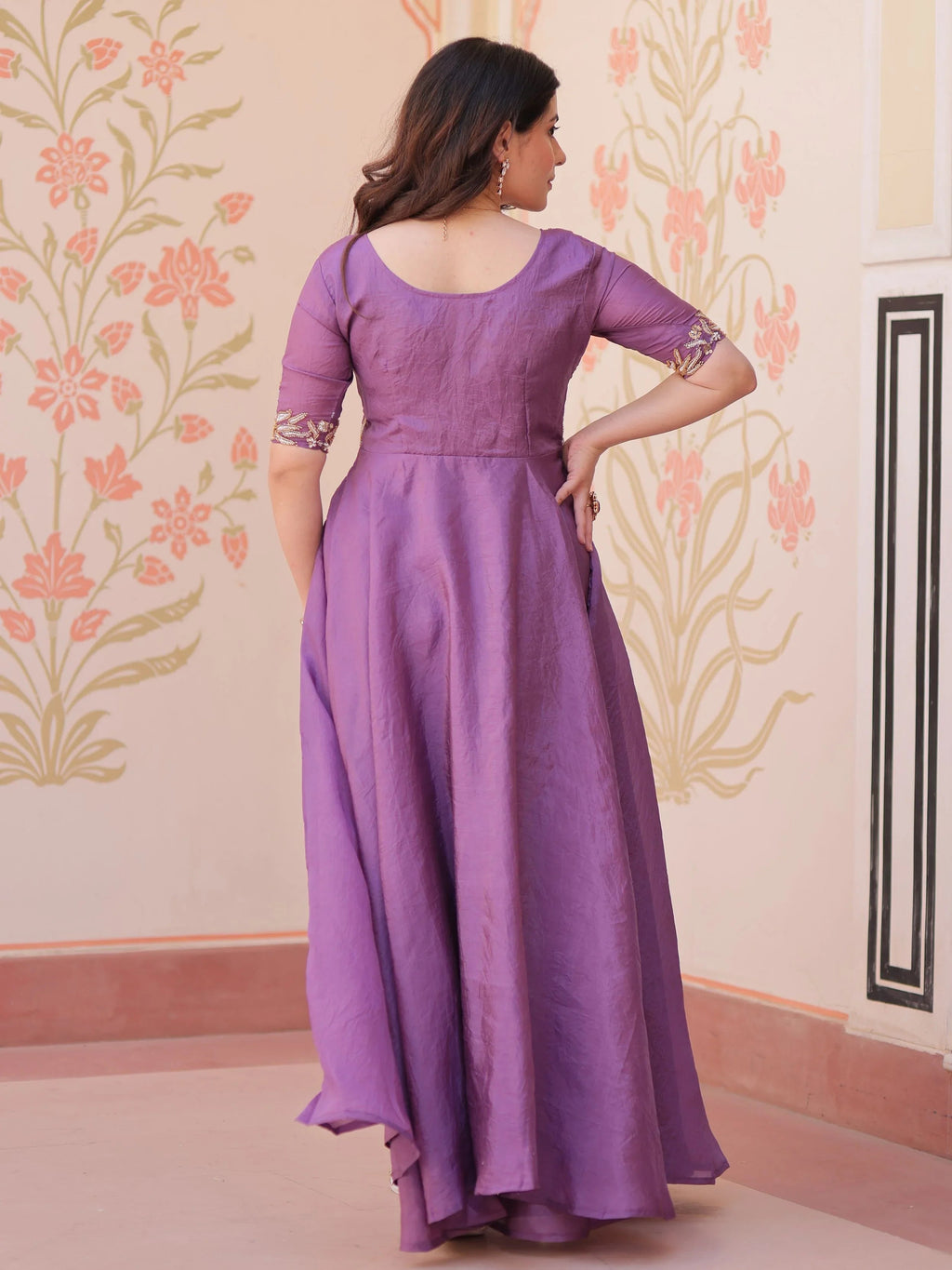 Purple Gold Crush Beads Embroidered Umbrella Flair Gown