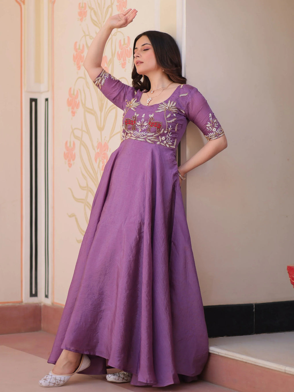 Purple Gold Crush Beads Embroidered Umbrella Flair Gown