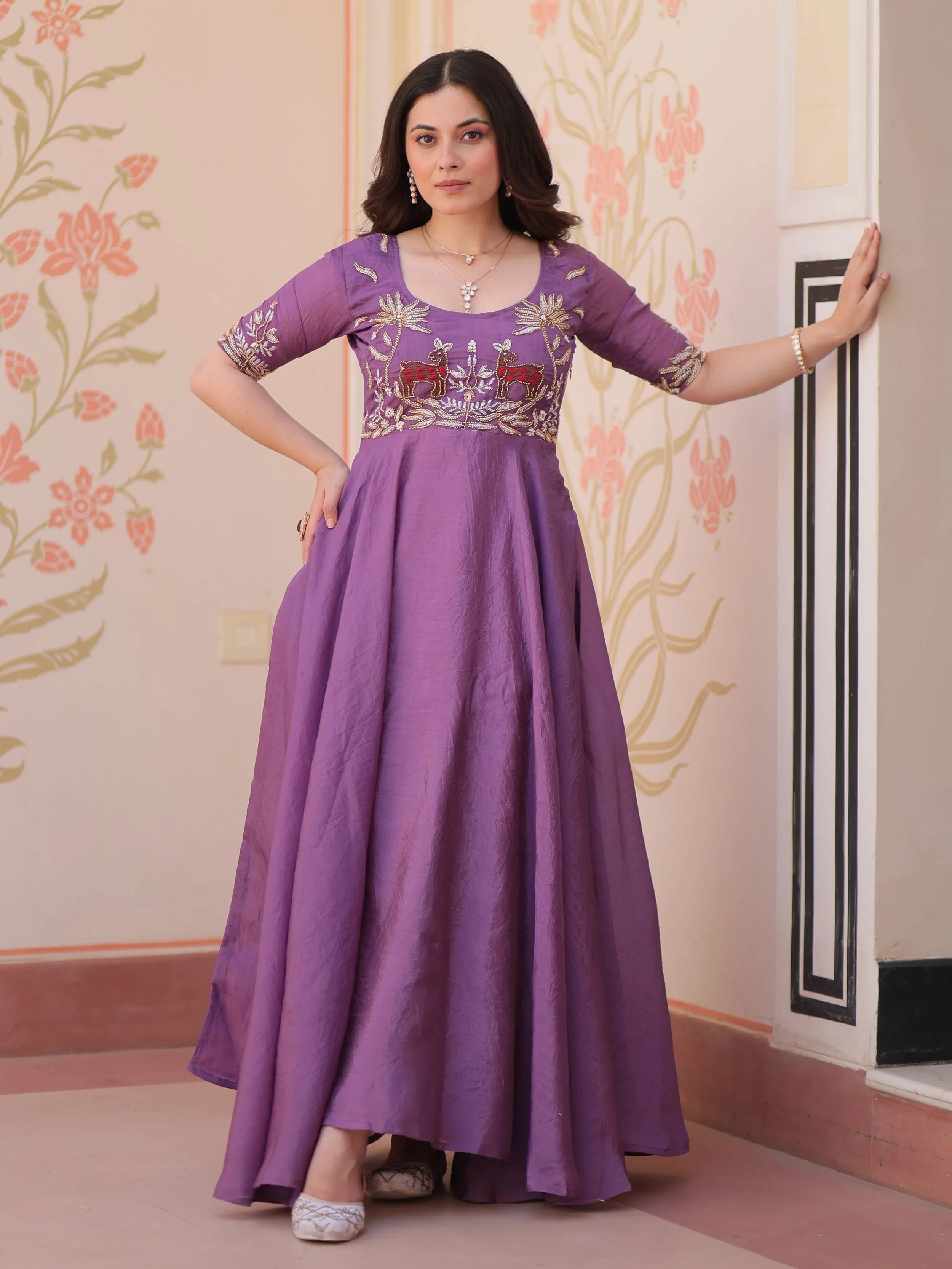 Purple Gold Crush Beads Embroidered Umbrella Flair Gown