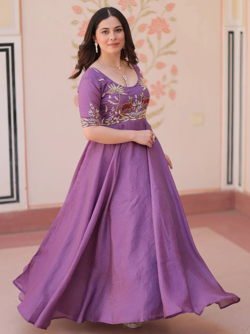 Purple Gold Crush Beads Embroidered Umbrella Flair Gown