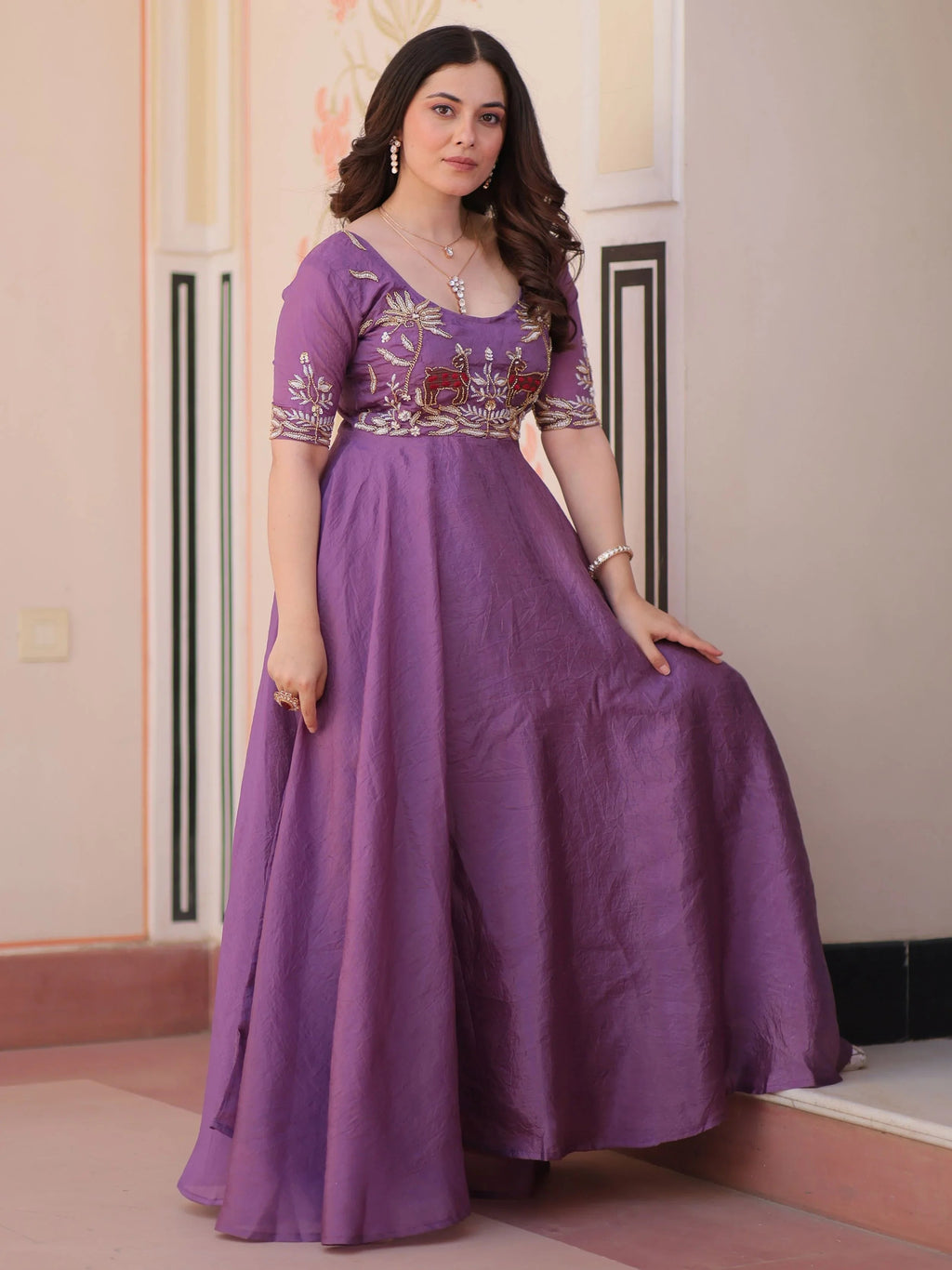 Purple Gold Crush Beads Embroidered Umbrella Flair Gown