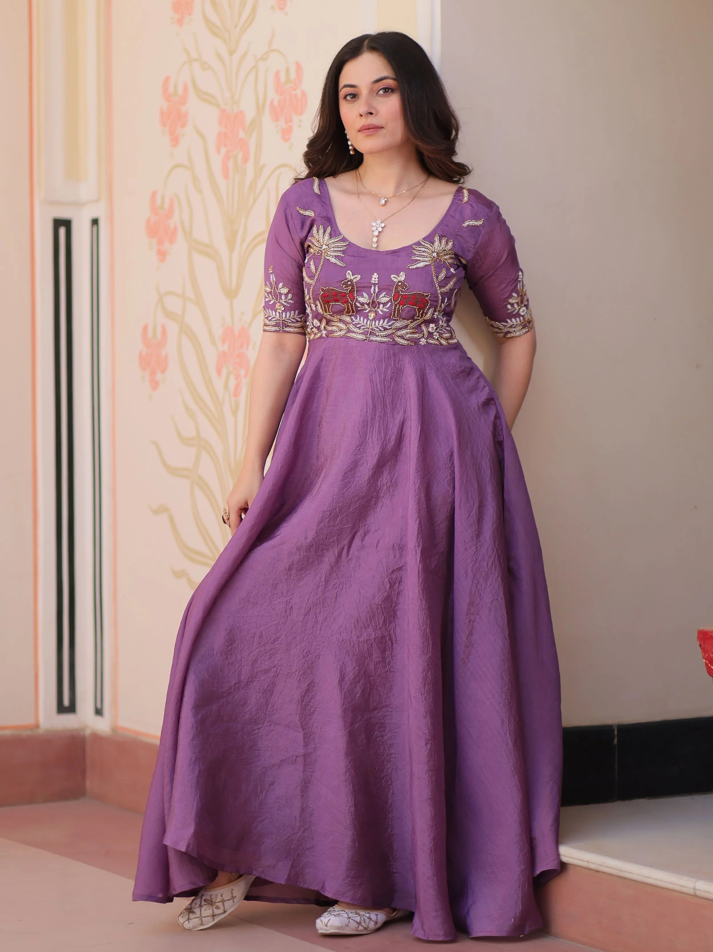 Purple Gold Crush Beads Embroidered Umbrella Flair Gown