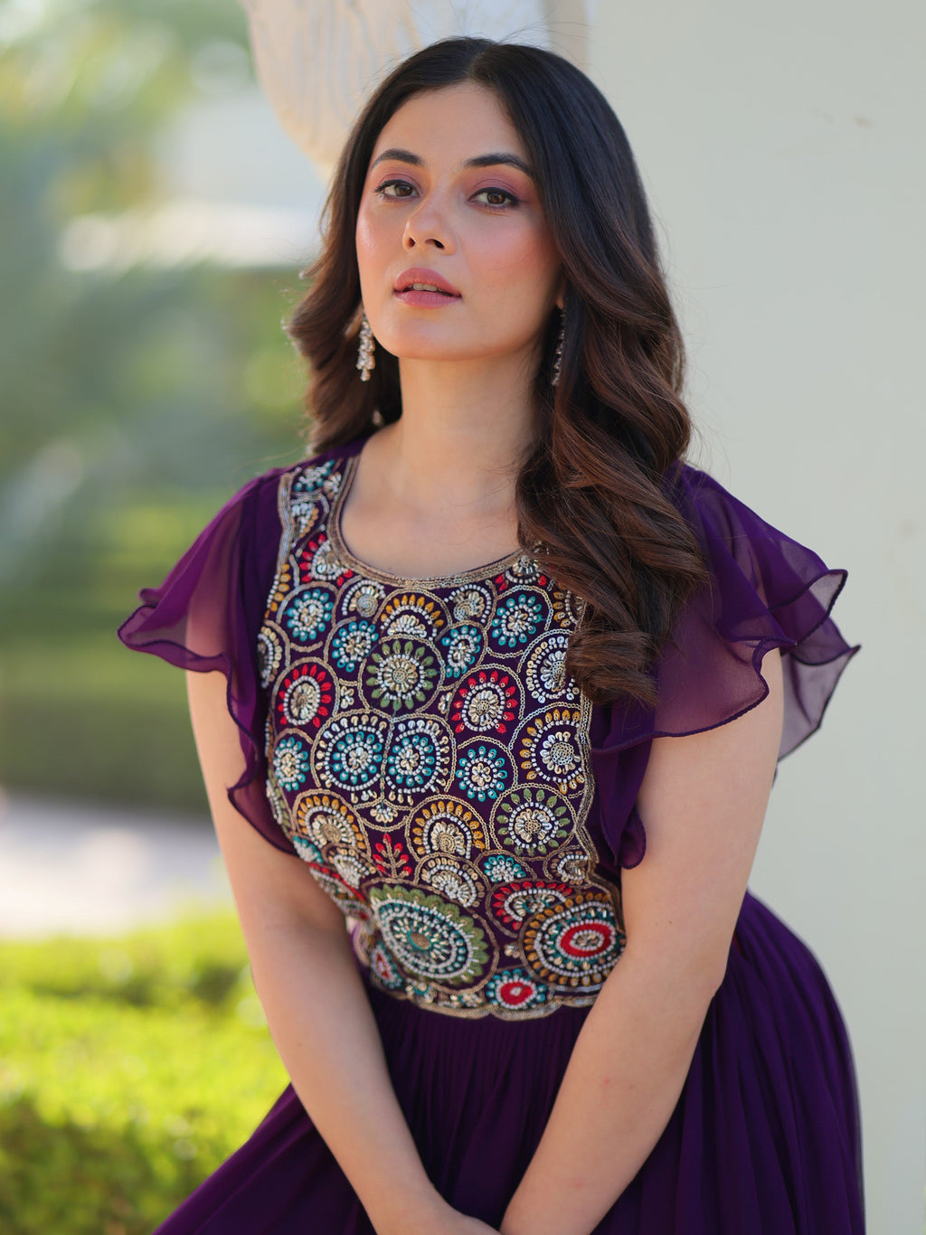 Purple georgette gown with multithread beads and sequins embroidery