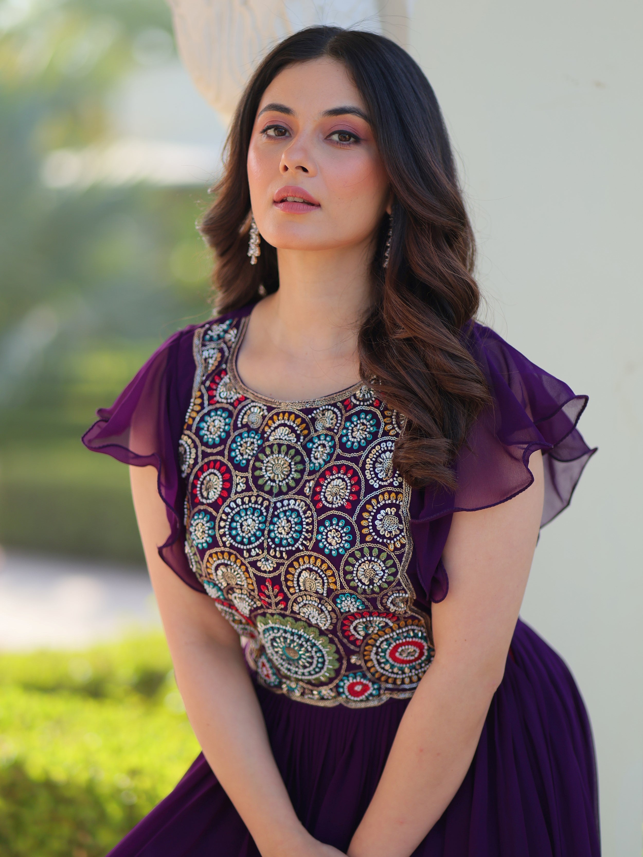 Purple georgette gown with multithread beads and sequins embroidery