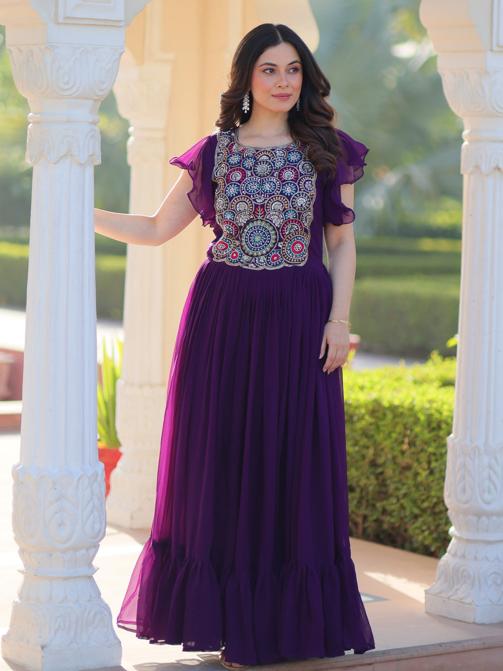 Purple georgette gown with multithread beads and sequins embroidery