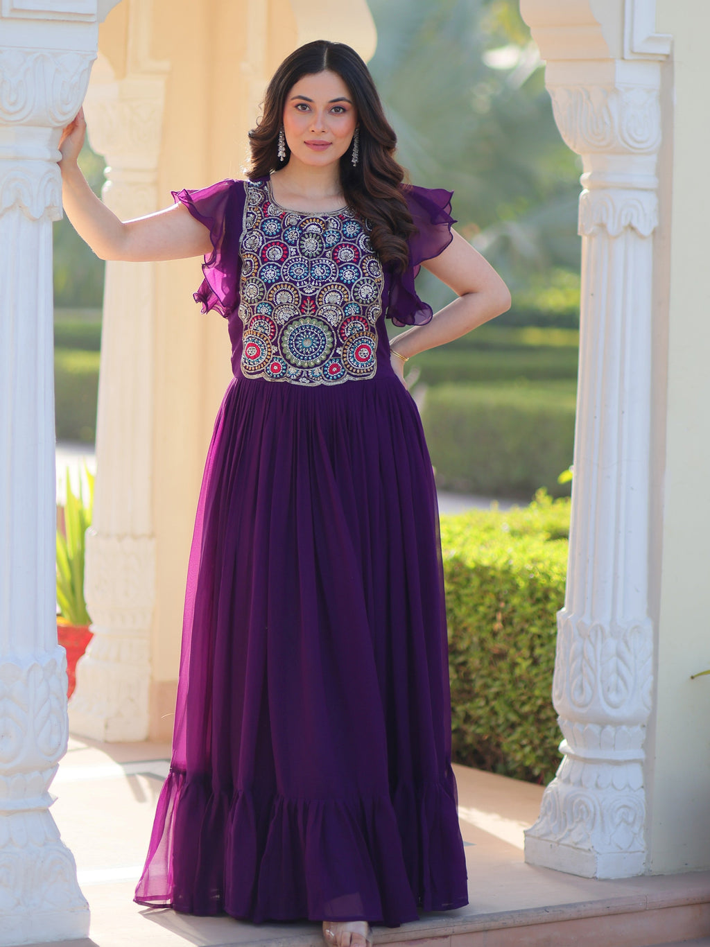 Purple georgette gown with multithread beads and sequins embroidery