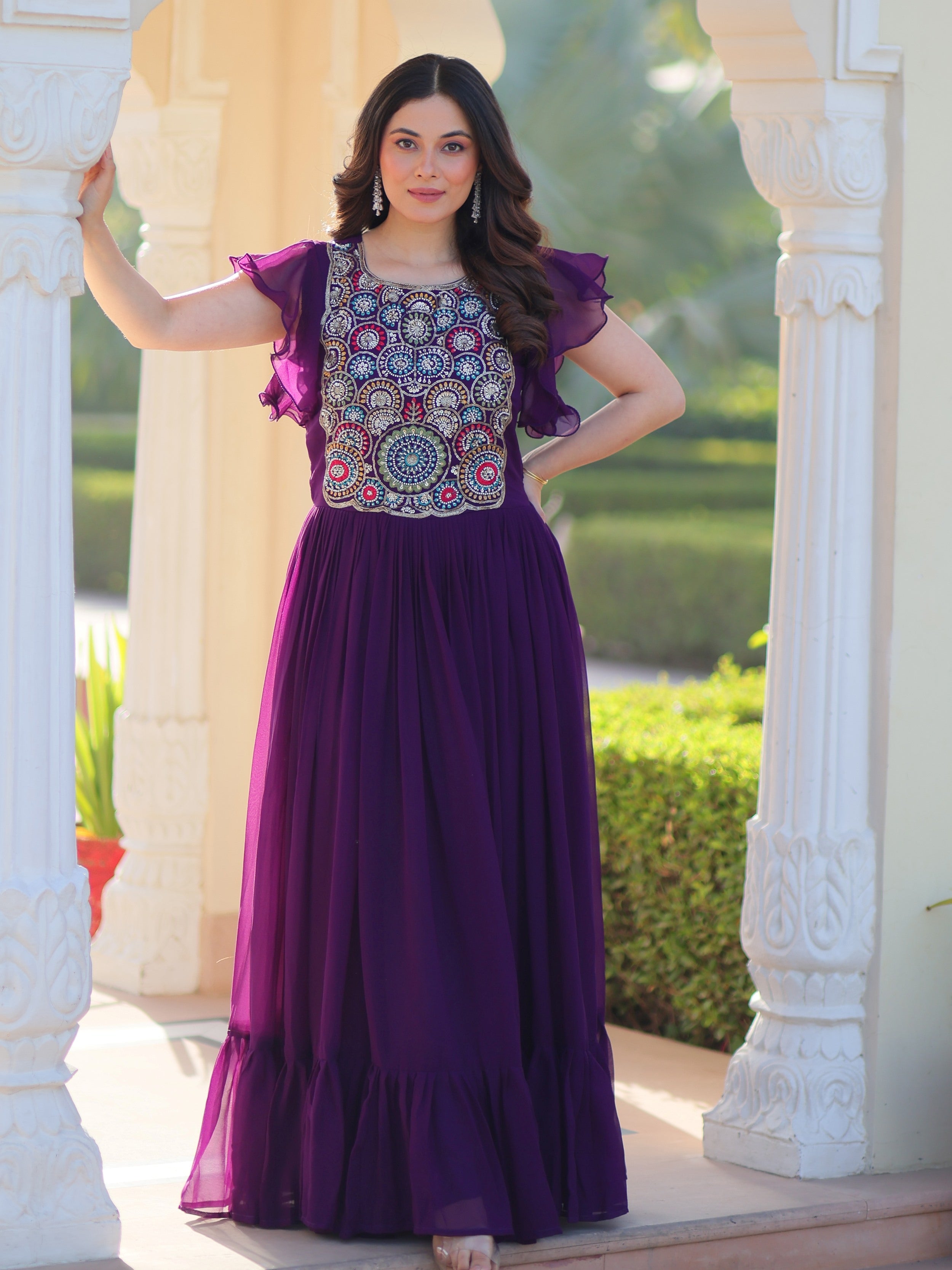 Purple Georgette Multithread Beads and Sequins Embroidery Gown