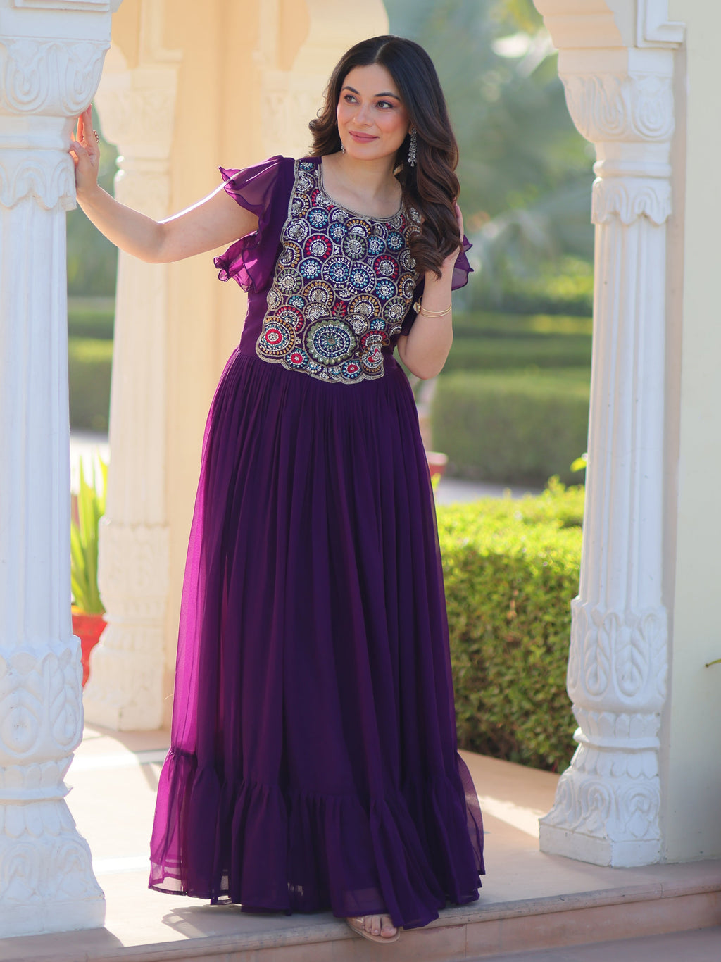 Purple georgette gown with multithread beads and sequins embroidery