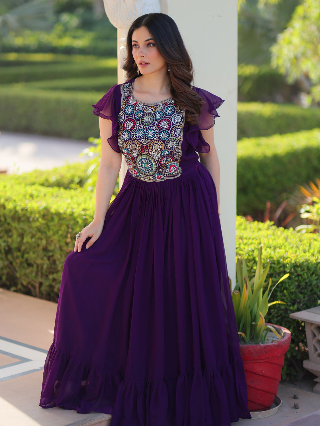 Purple georgette gown with multithread beads and sequins embroidery