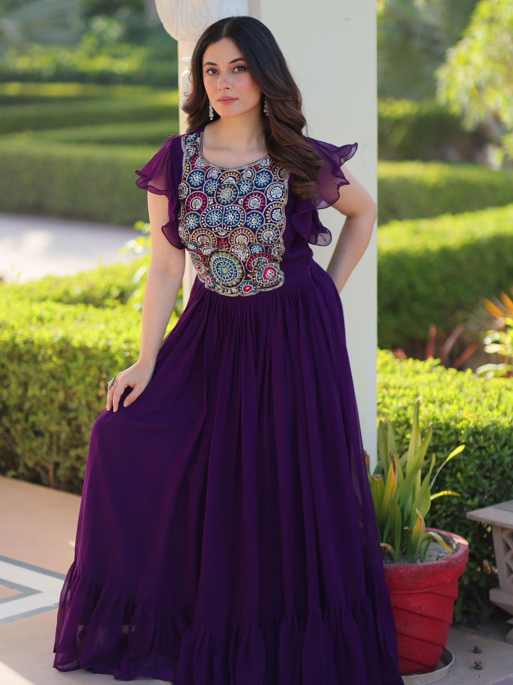 Purple georgette gown with multithread beads and sequins embroidery