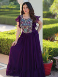 Purple georgette gown with multithread beads and sequins embroidery