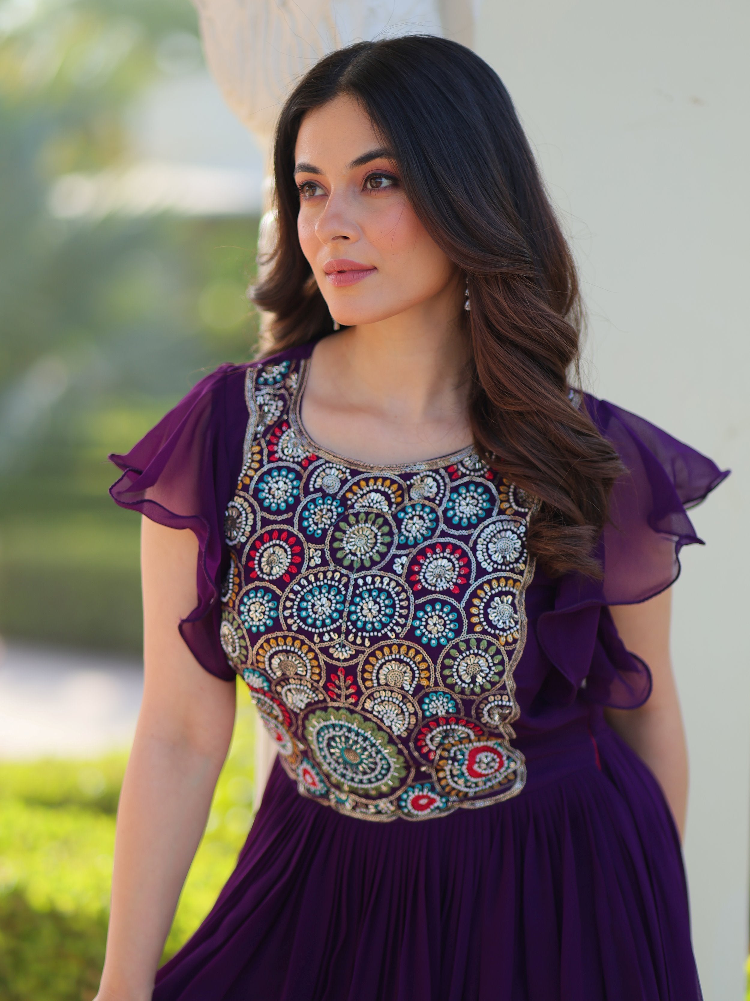 Purple georgette gown with multithread beads and sequins embroidery