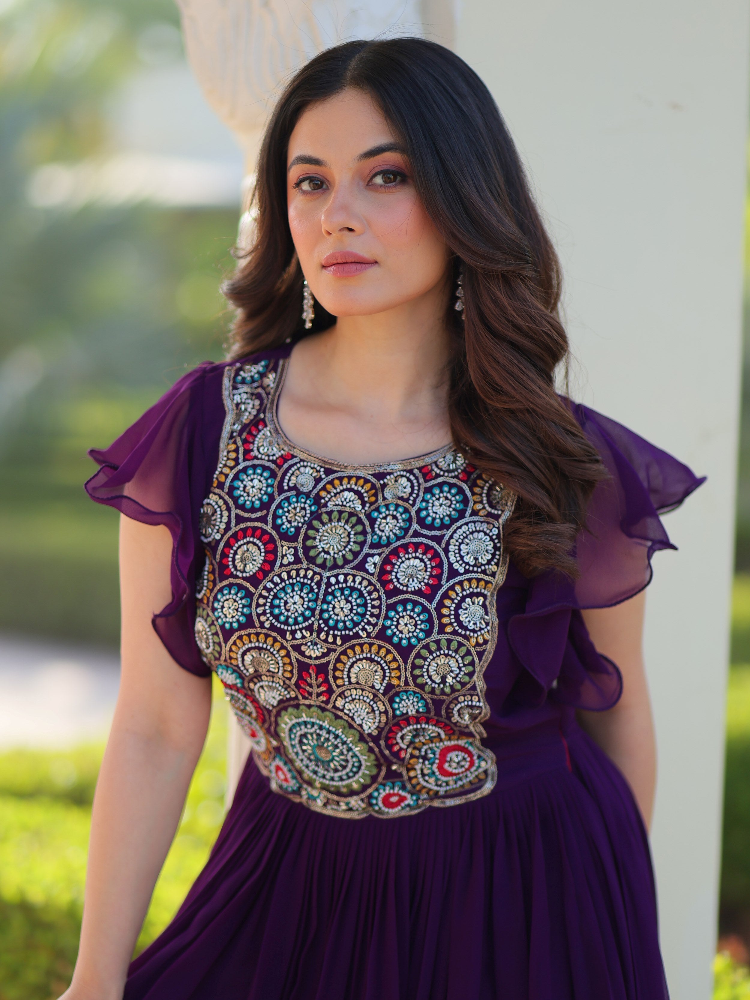 Purple georgette gown with multithread beads and sequins embroidery