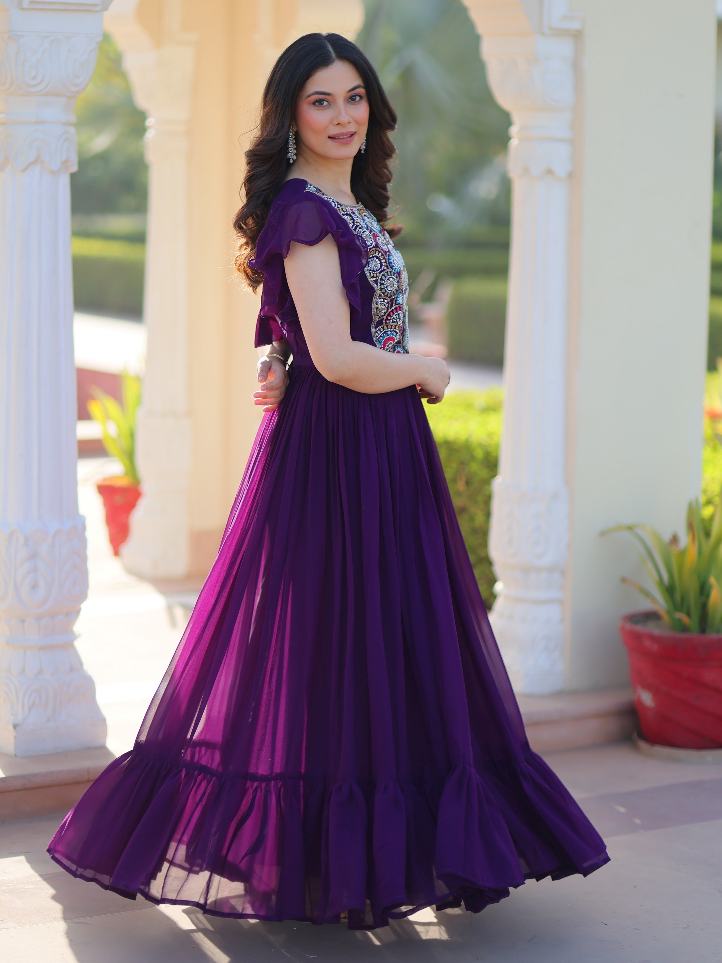 Purple georgette gown with multithread beads and sequins embroidery