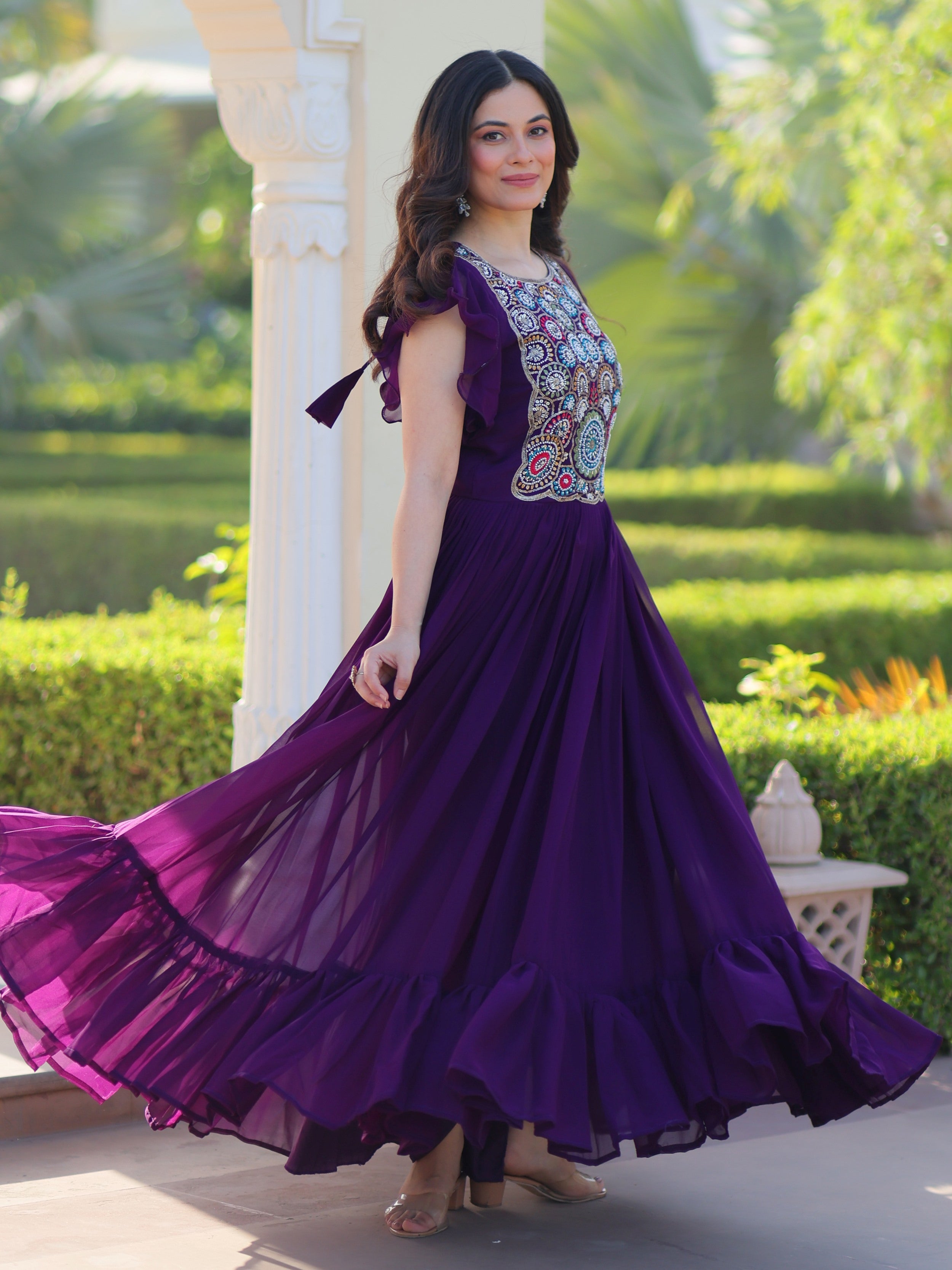 Purple georgette gown with multithread beads and sequins embroidery
