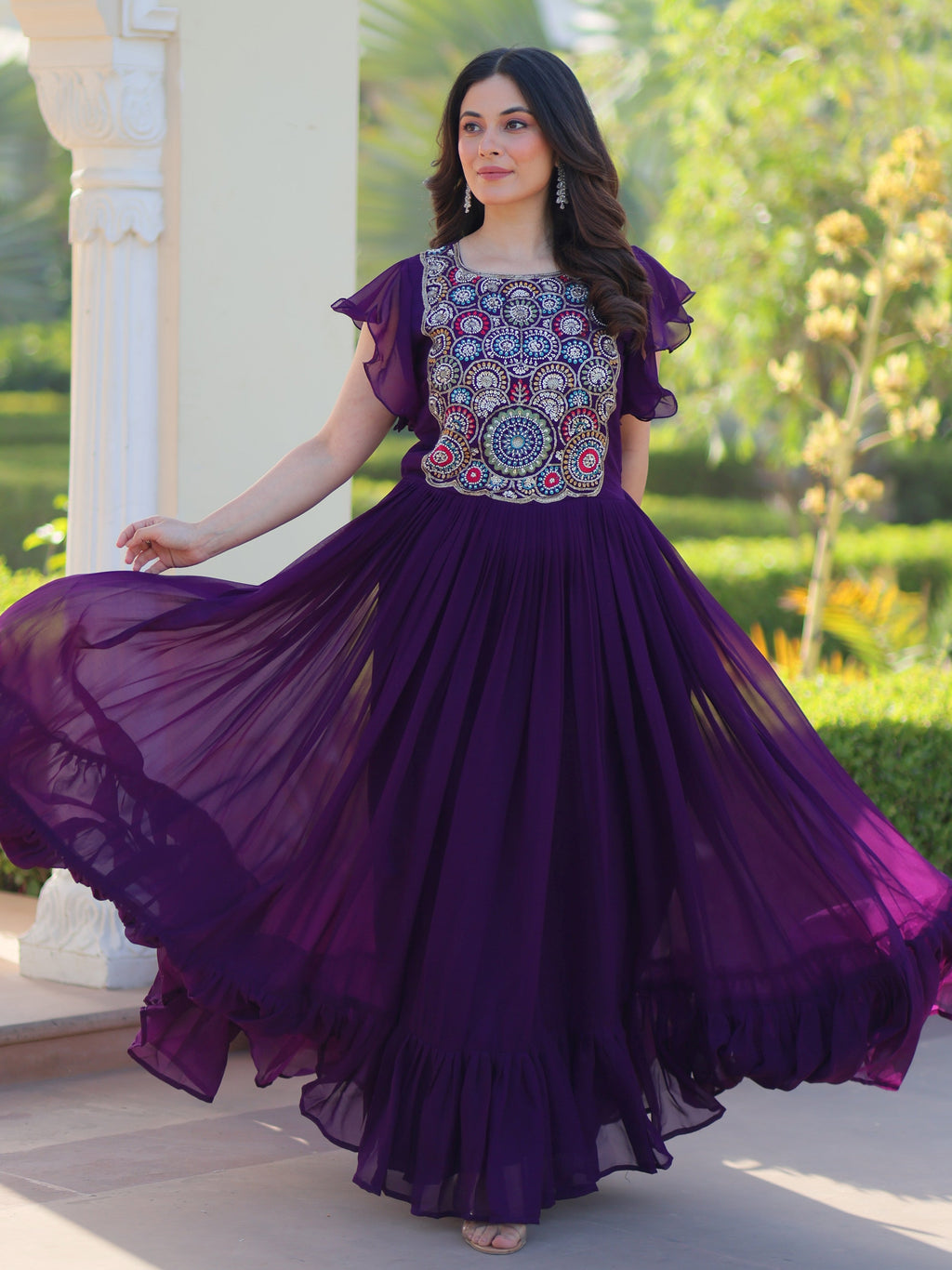 Purple georgette gown with multithread beads and sequins embroidery