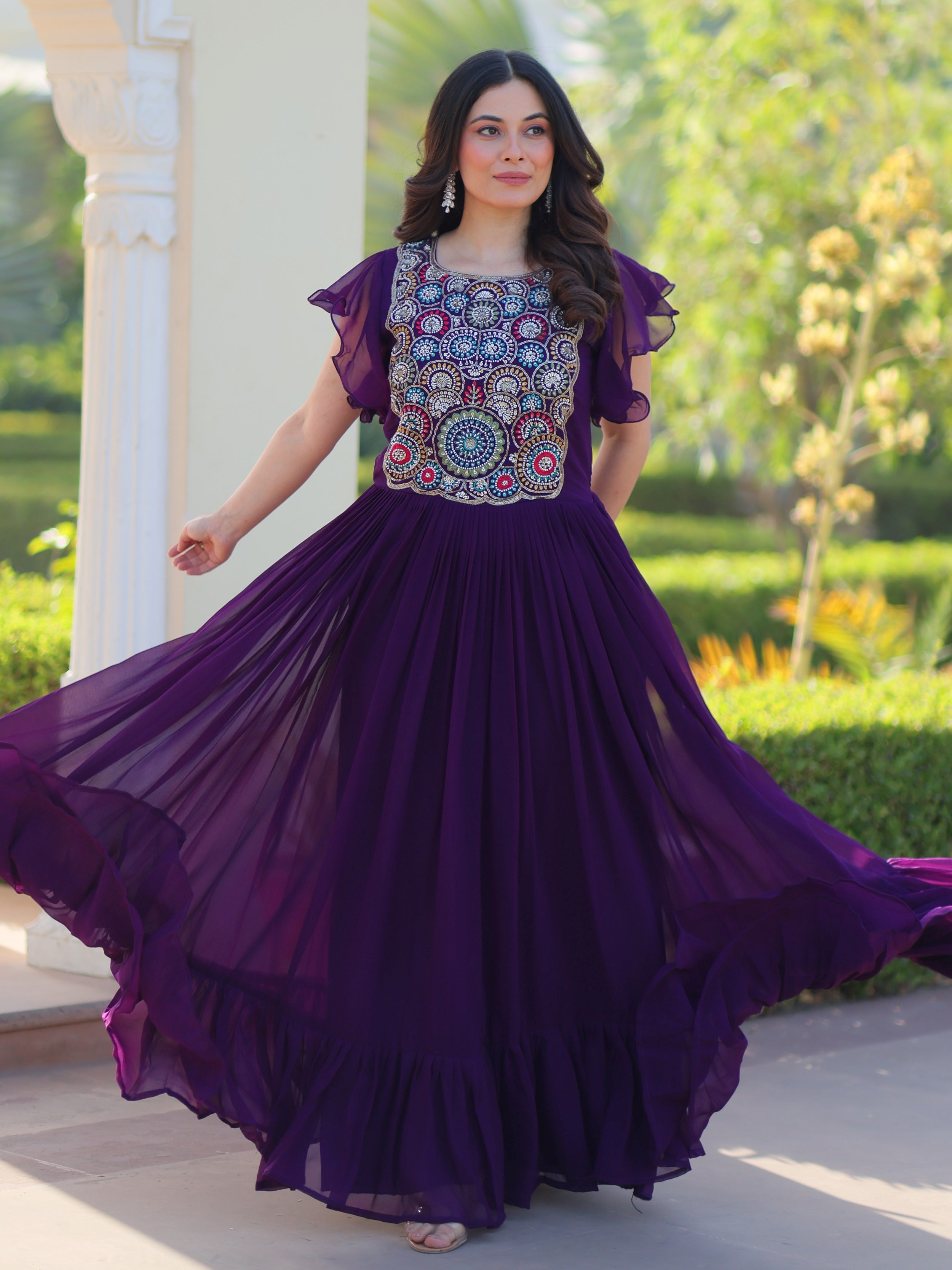 Purple georgette gown with multithread beads and sequins embroidery