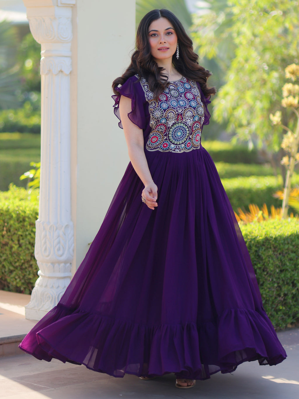 Purple georgette gown with multithread beads and sequins embroidery