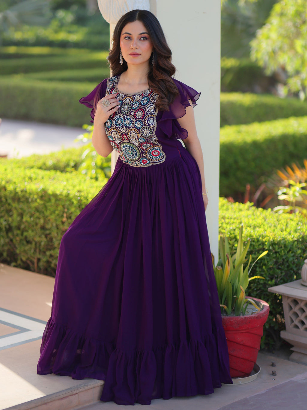 Purple georgette gown with multithread beads and sequins embroidery