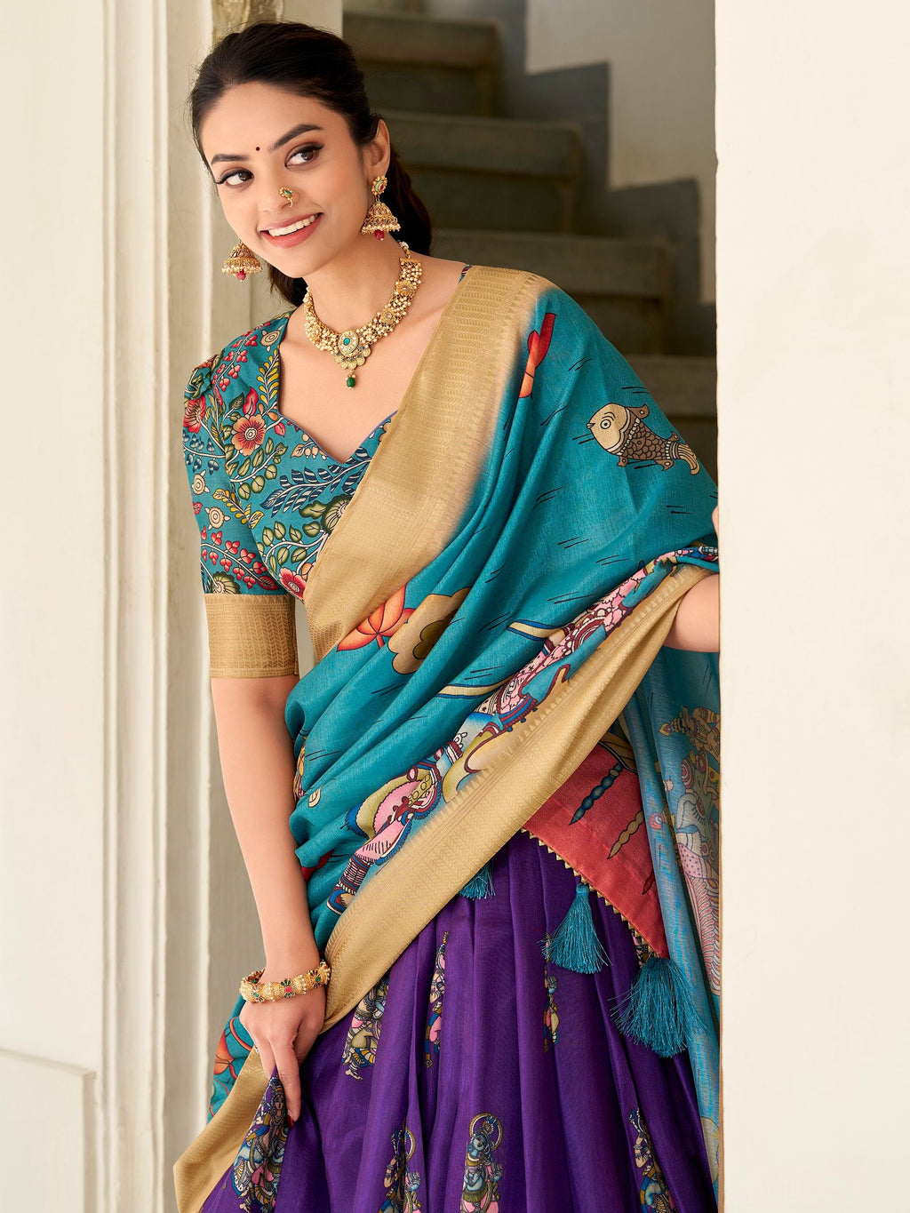 Purple Dola Silk Kalamkari Printed Traditional Lehenga Choli With Dupatta