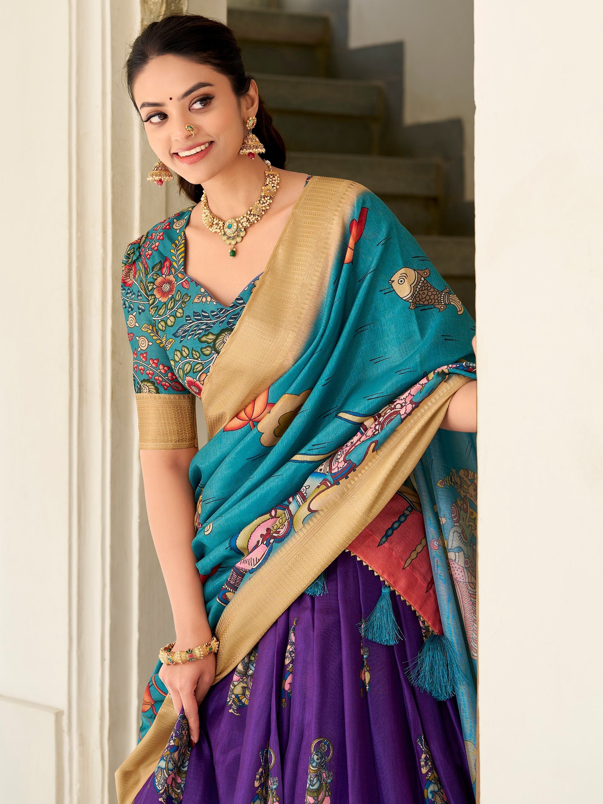 Purple Dola Silk Kalamkari Printed Traditional Lehenga Choli With Dupatta