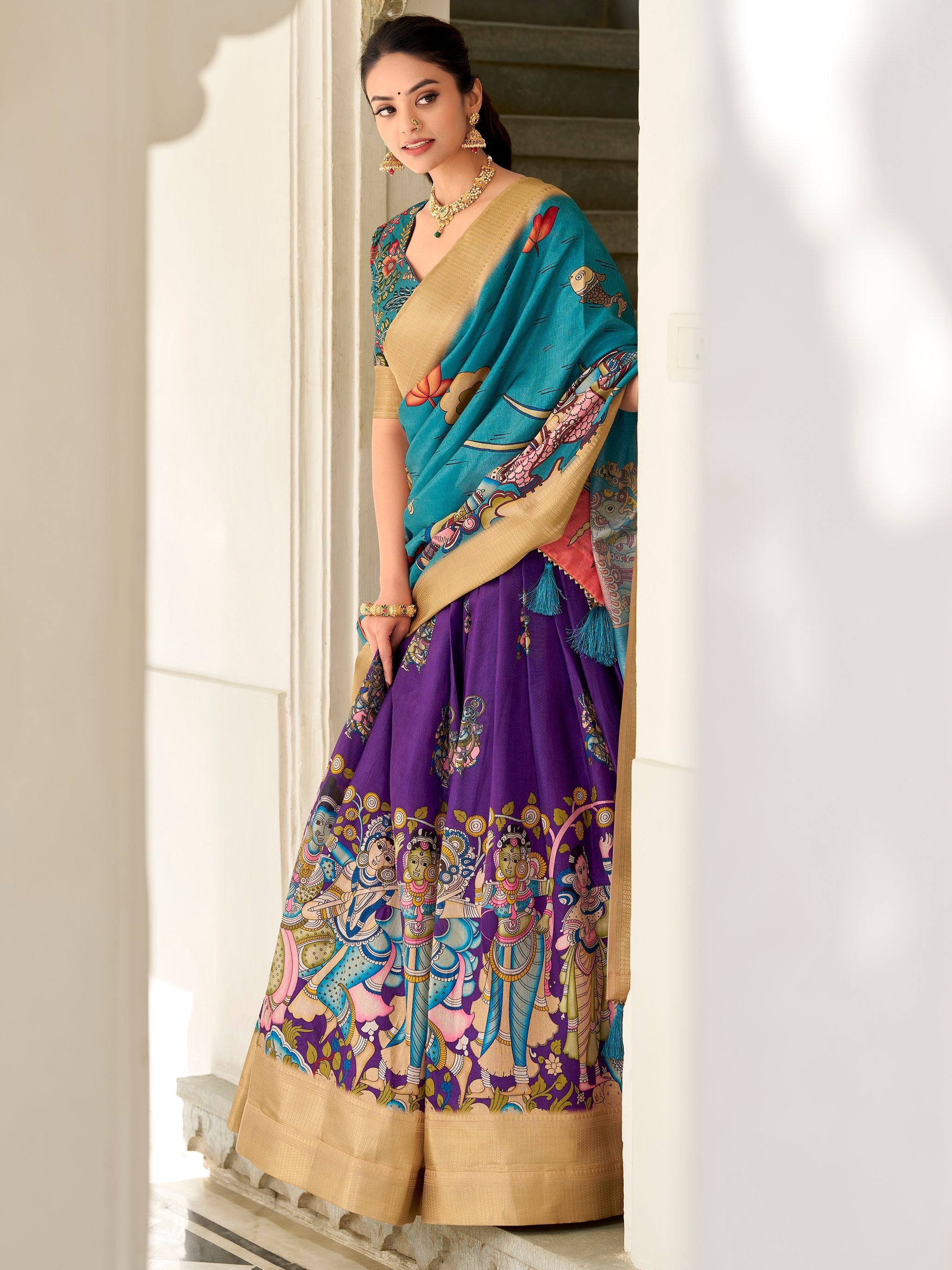 Purple Dola Silk Kalamkari Printed Traditional Lehenga Choli With Dupatta