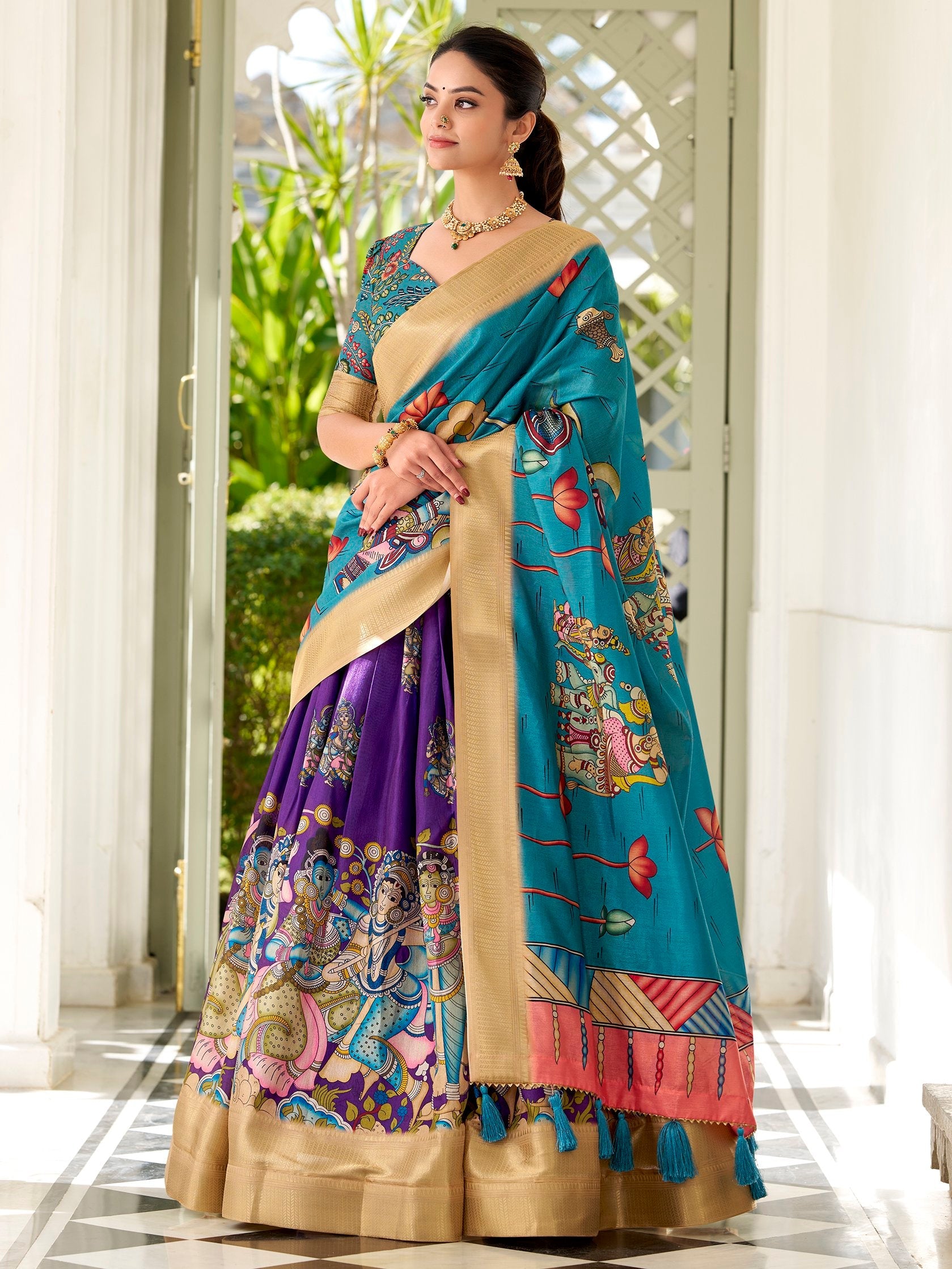 Purple Dola Silk Kalamkari Printed Traditional Lehenga Choli With Dupatta