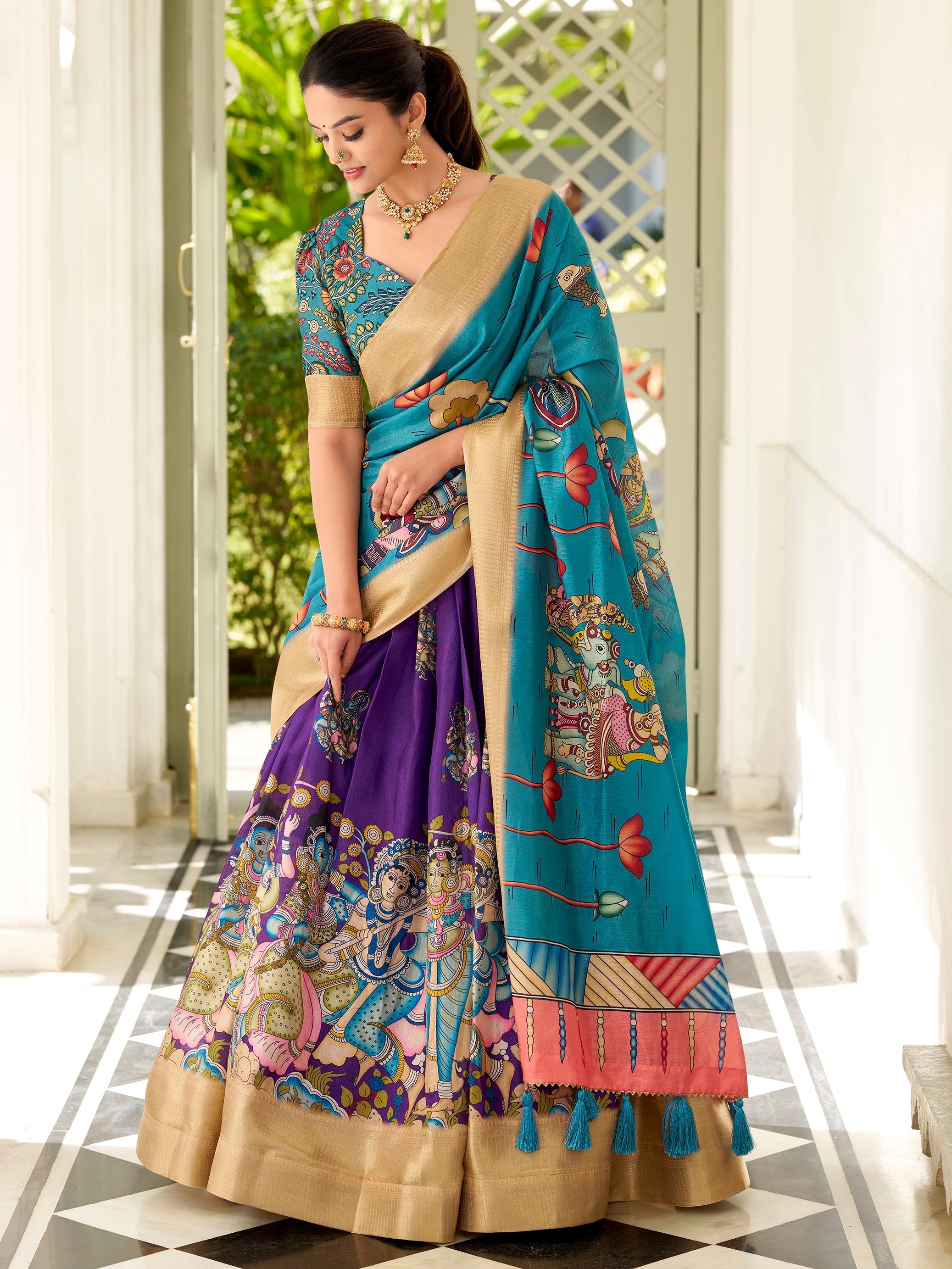 Purple Dola Silk Kalamkari Printed Traditional Lehenga Choli With Dupatta