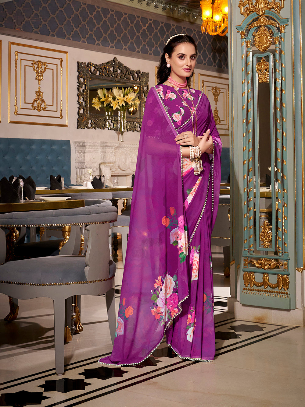 Purple Georgette Printed Saree with Pearl Lace Border Elegant Lightweight Saree for Festive & Traditional Wear
