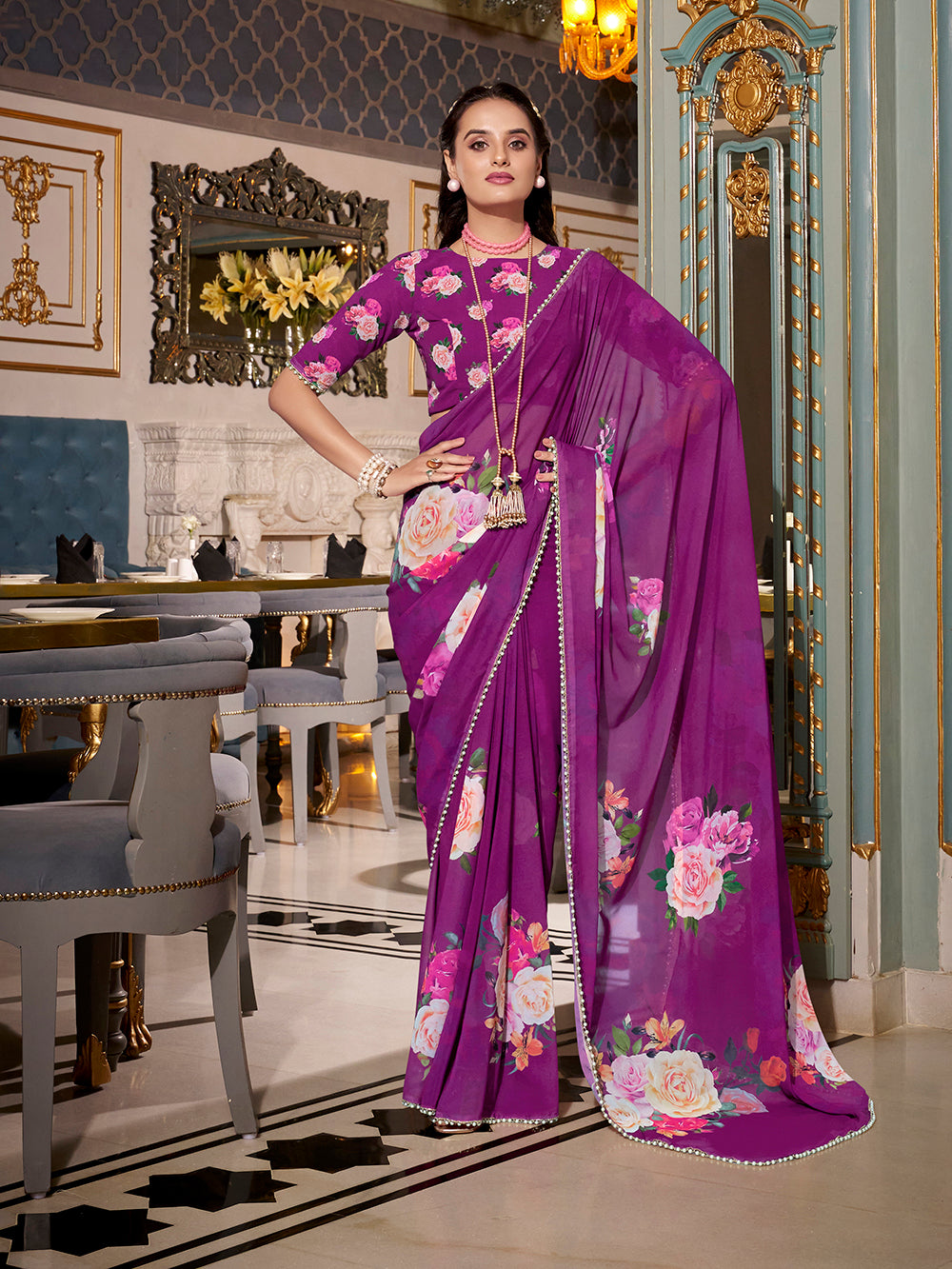 Purple Georgette Printed Saree with Pearl Lace Border Elegant Lightweight Saree for Festive & Traditional Wear