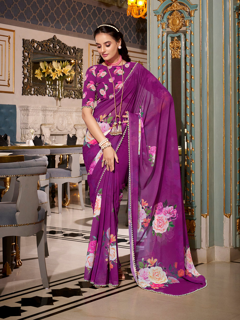 Purple Georgette Printed Saree with Pearl Lace Border Elegant Lightweight Saree for Festive & Traditional Wear